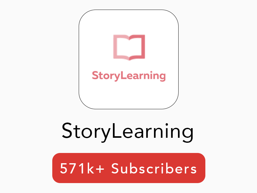 The image shows a social media profile with the name 'StoryLearning', a pink icon of an open book, and a red badge indicating over 571,000 subscribers.
