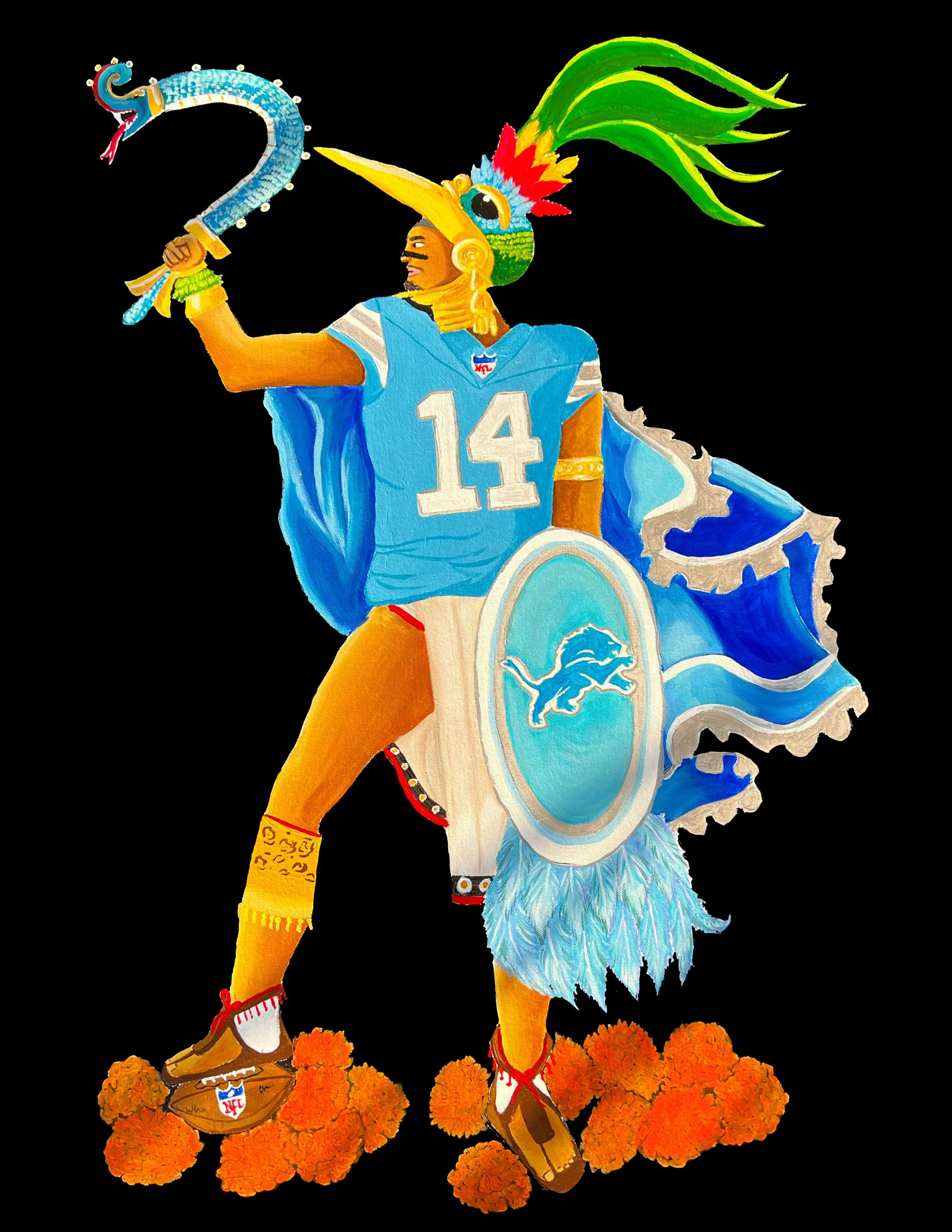Amon-Ra St Brown as Huitzilopochtli, the Aztec Sun God