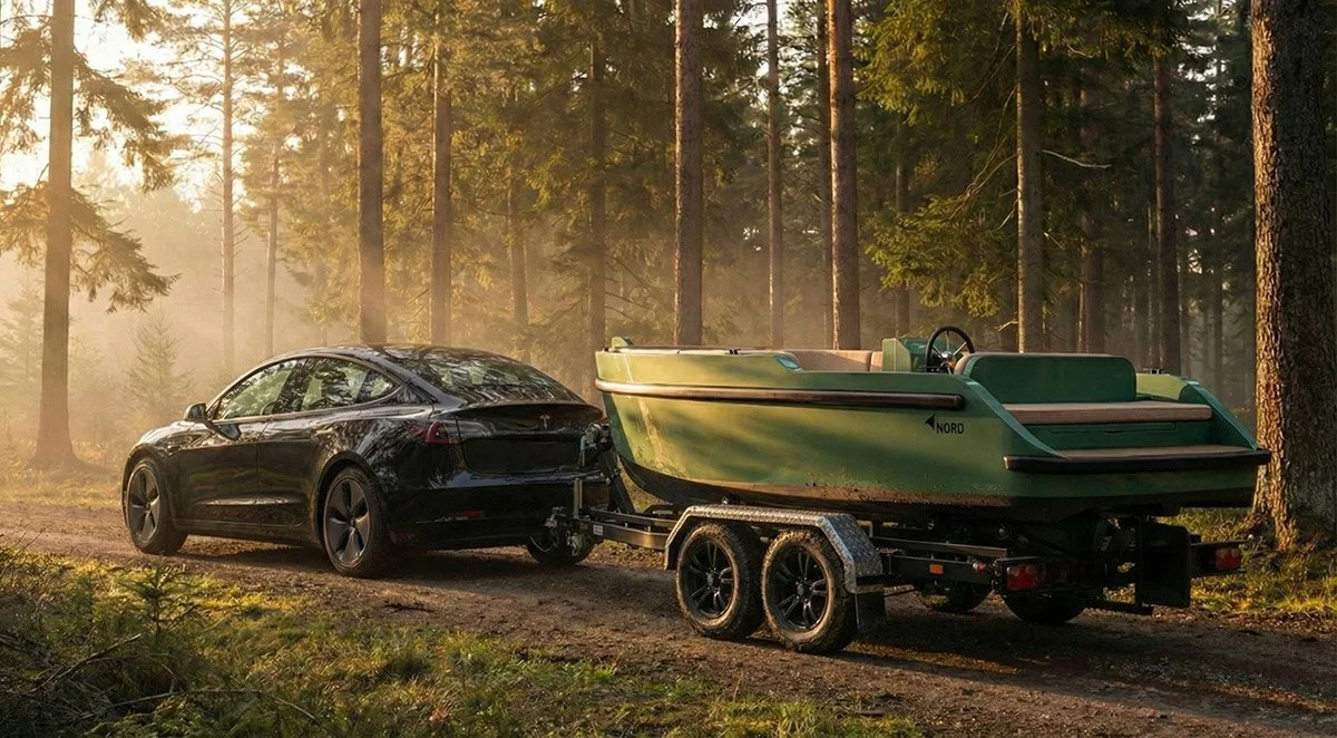 Een zwarte auto trekt een trailer met een groene Nord 6 door een bos, met zonlicht dat door de bomen schijnt.
