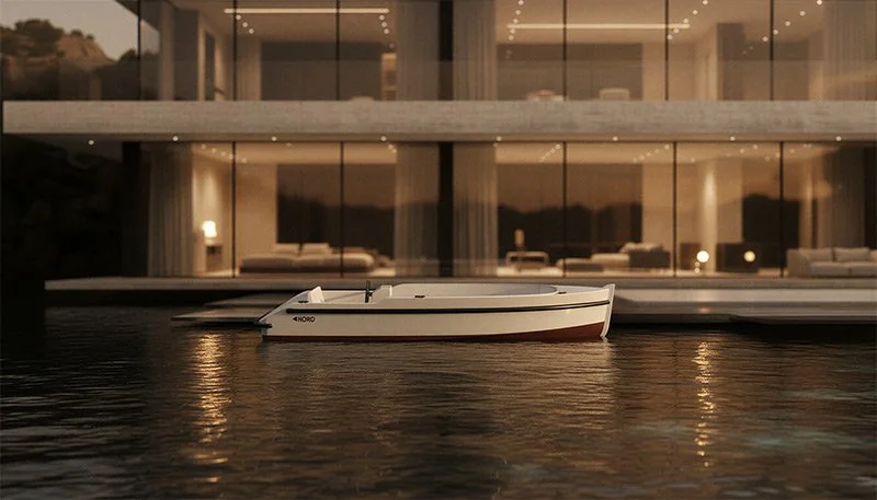 Een wit motorboot ligt in het water voor een modern huis met grote ramen 's avonds.