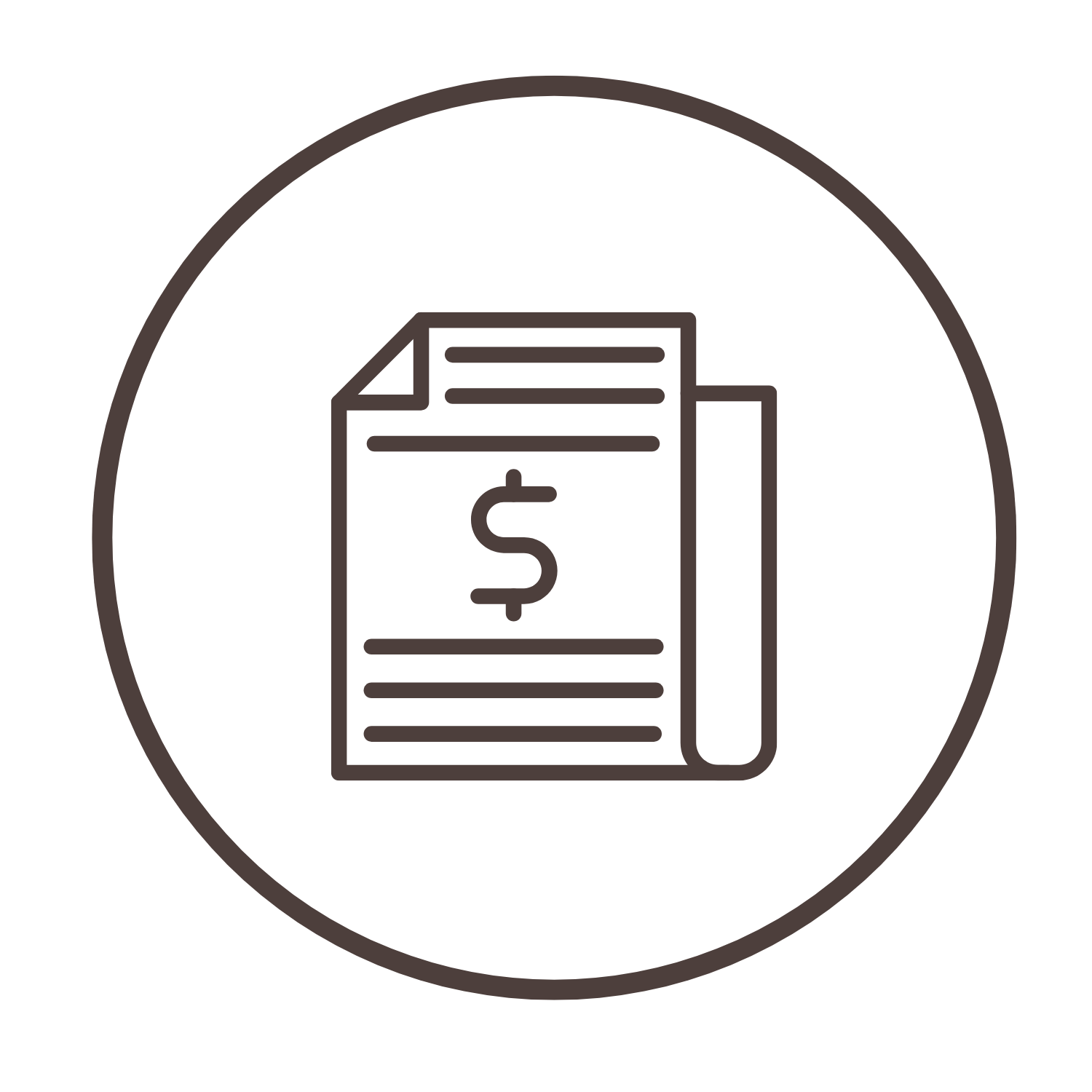 Line art icon of a document with a dollar sign in the center, enclosed in a circle representing the college application fees that your donation helps cover..