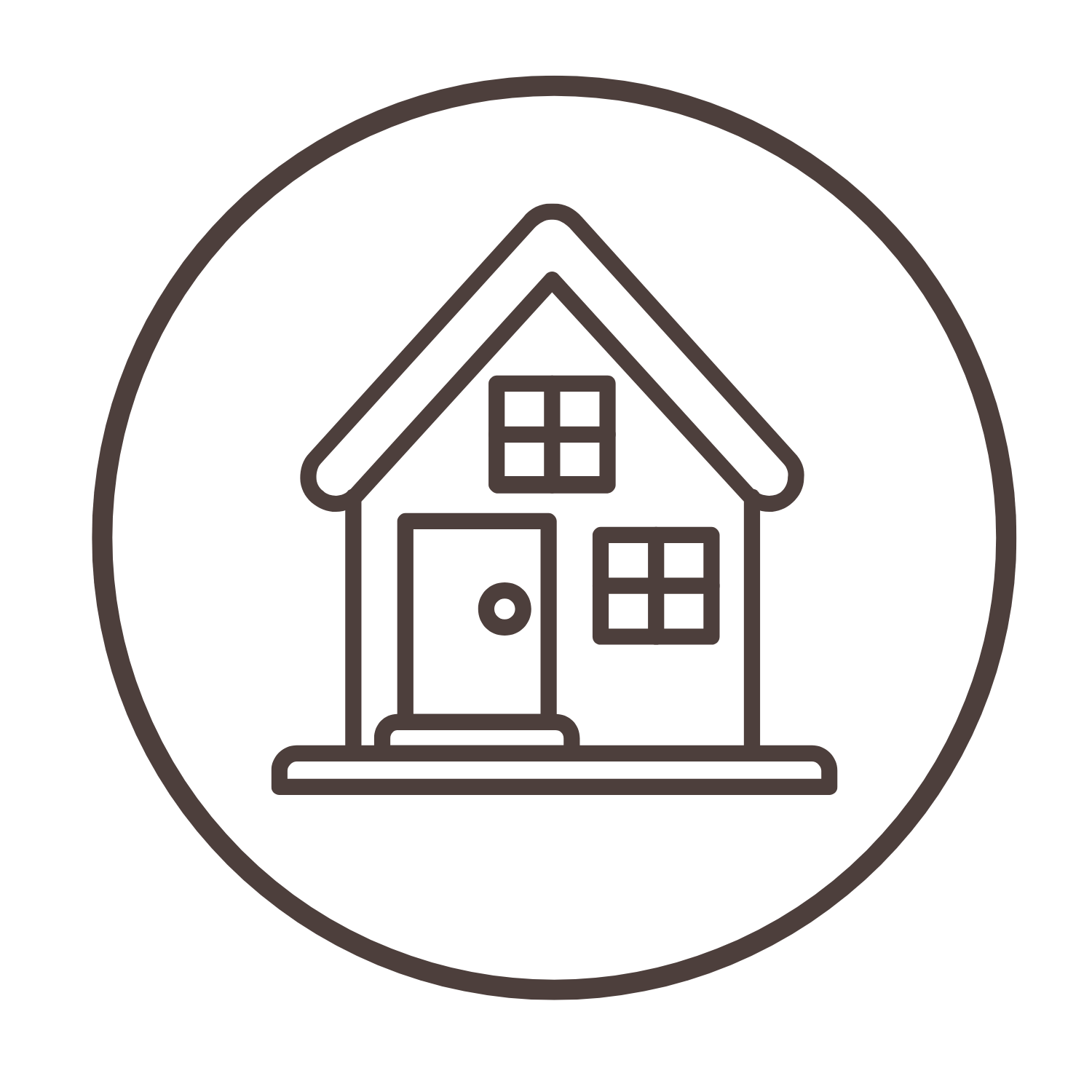 Outline icon of a house with a front door and two windows, enclosed in a circle representing the rent assistance that your donation helps provide.