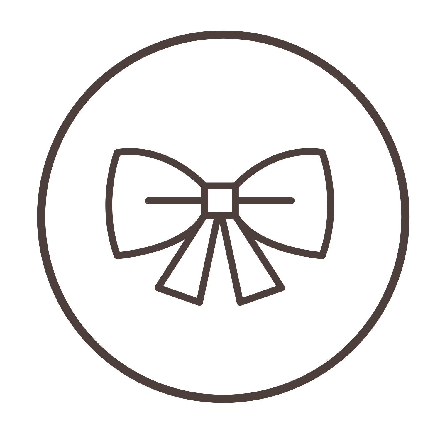 Outline of a bow with ribbon on a black circular background representing the prom attire that your donation helps provide..