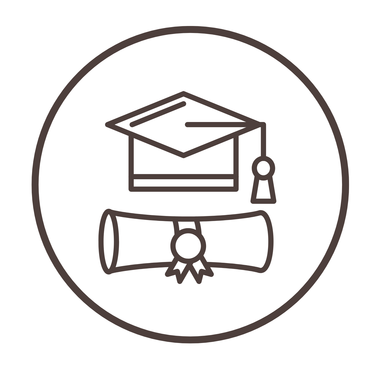 Outline of a graduation cap and diploma within a circular badge representing the graduation fees that your donation helps cover.