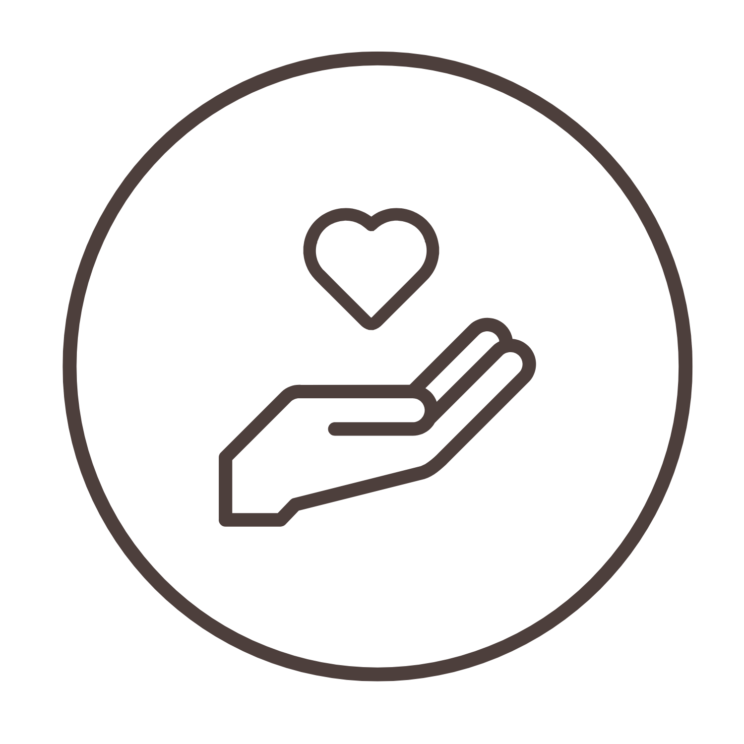 Outline icon of a hand with a heart above it, enclosed in a circle representing the emotional support and care that your donation helps provide.