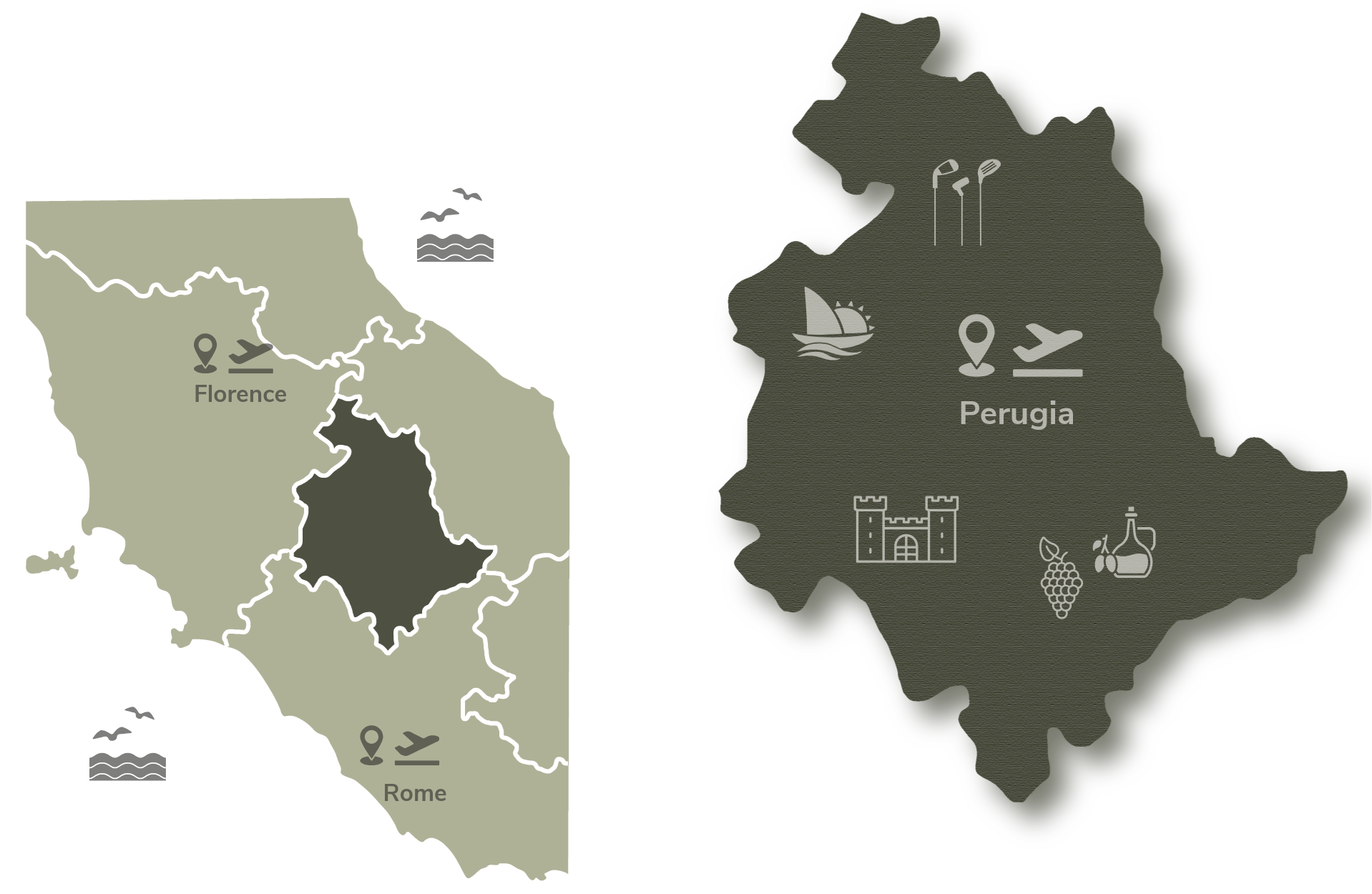 Maps of Umbria within Italy and Umbria alone with icons representing local amenities and nearby airports