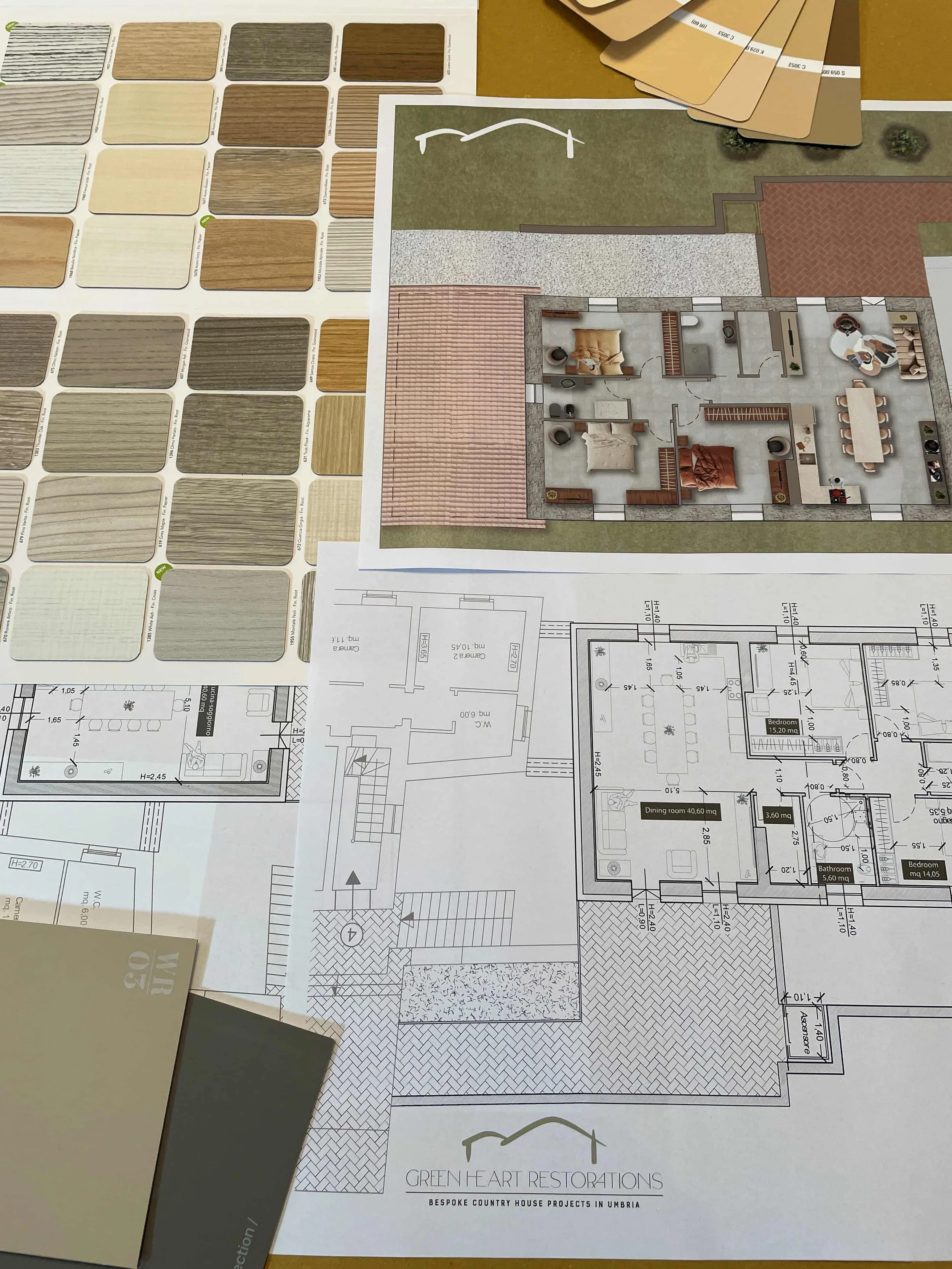 Architectural drawings and colour palettes