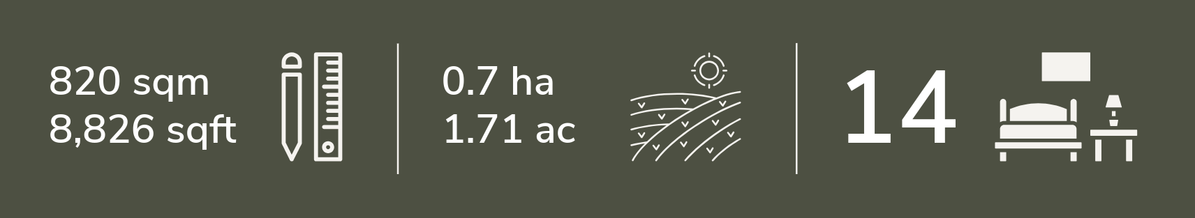Property size: 820 square meters or 8,826 square feet; 0.7 hectares or 1.71 acres. Features an outdoor swimming pool, a silo, and a bedroom with nightstand.
