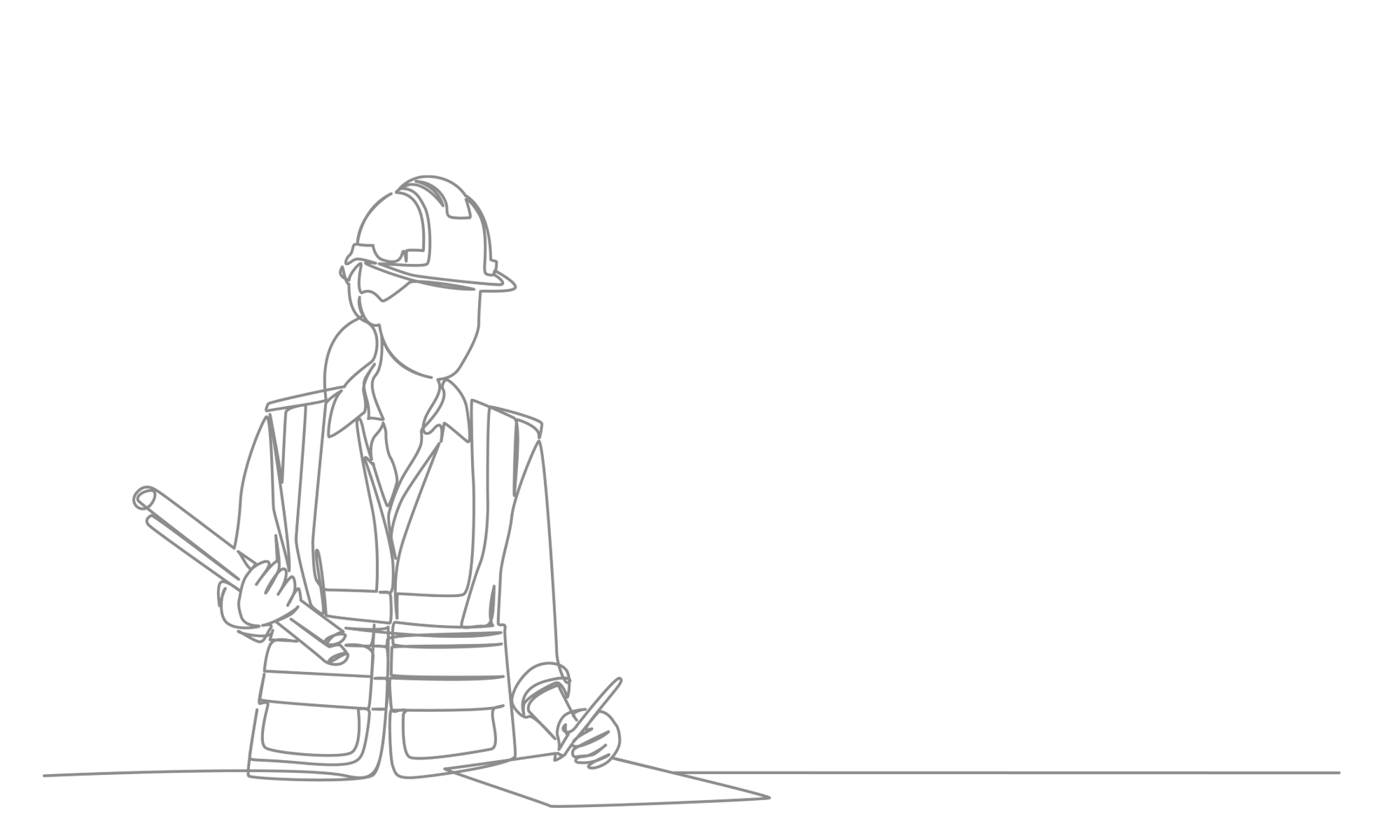 Outline of a woman construction worker wearing a safety helmet and vest, holding a rolled-up blueprint in one hand and a pencil in the other, standing at a table or surface.