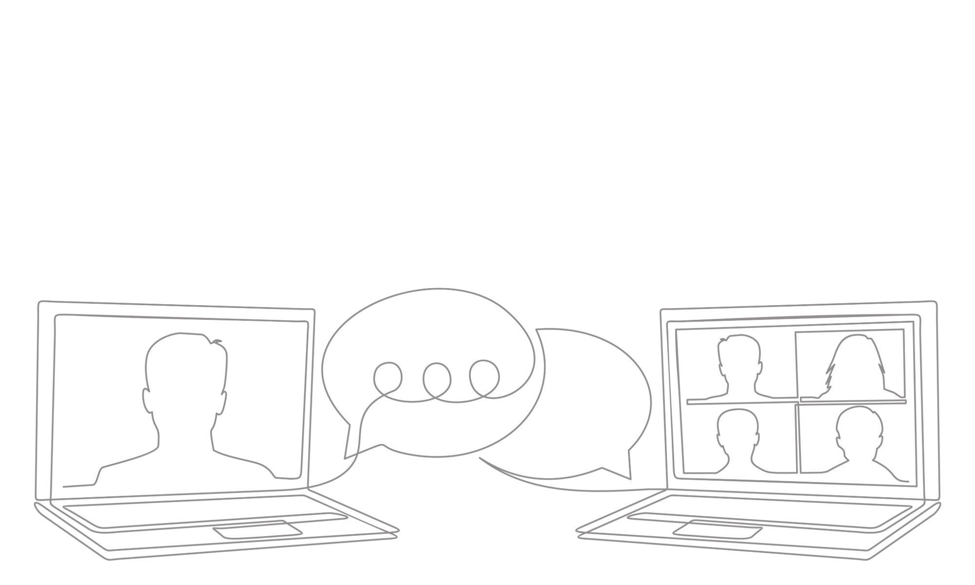 Line drawing of two open laptops with silhouettes of people on the screens, connected by speech bubbles indicating online conversation.