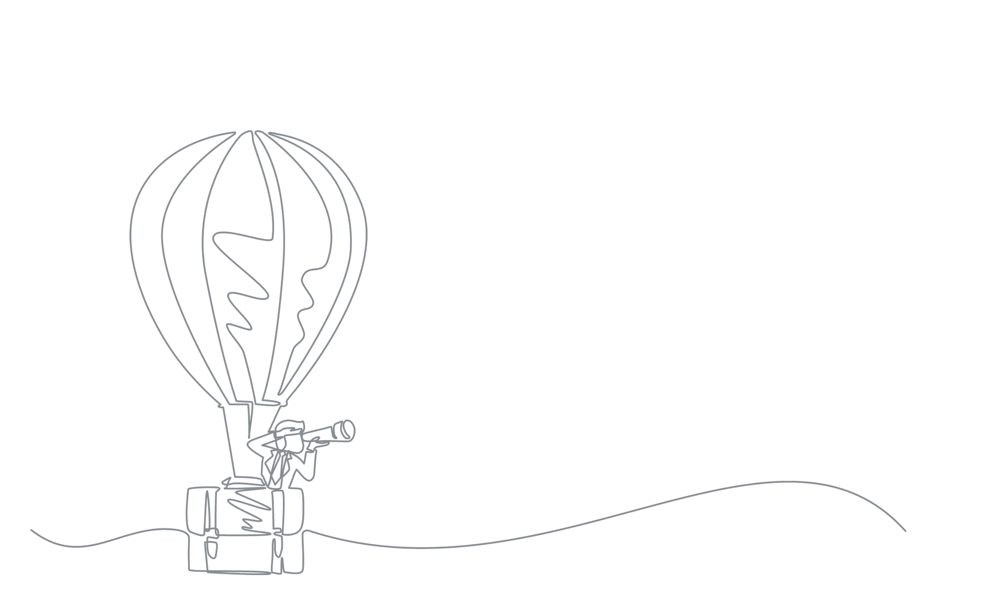A line drawing of a person in a backpack with a telescope, looking through it at a hot air balloon in the sky, with a horizon line in the background.