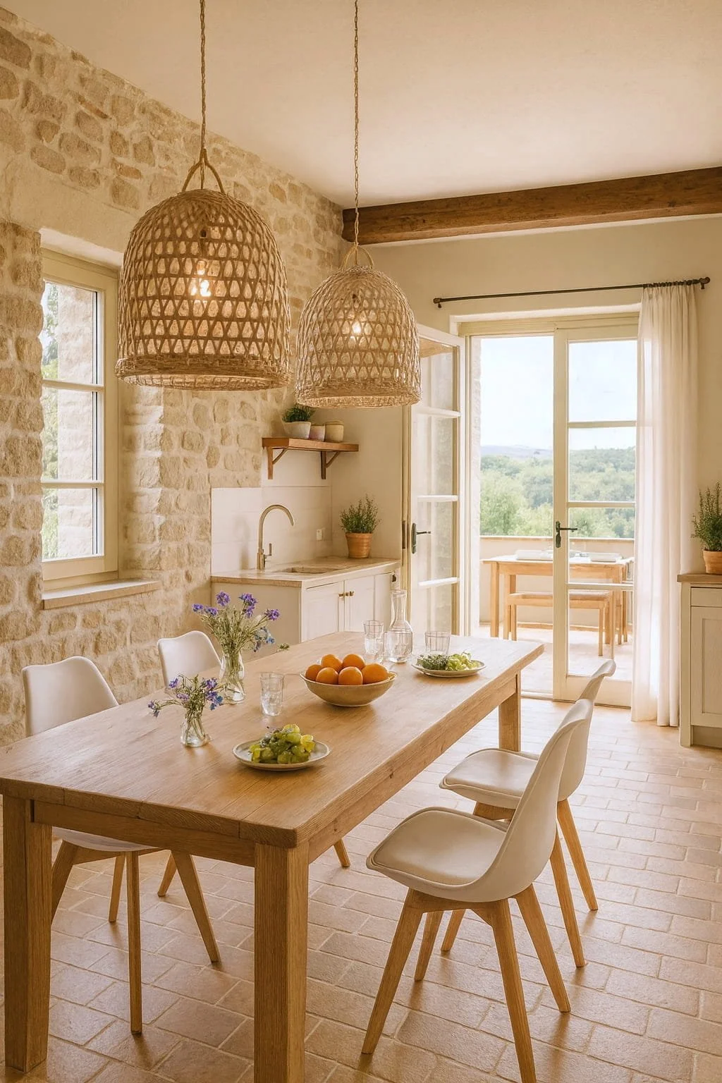 Restored stone farmhouse kitchen with wooden dining table and woven pendant lights