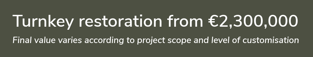 Text discussing a turkey restoration project costing €2,300,000 with notes on variable final value based on scope and customization.
