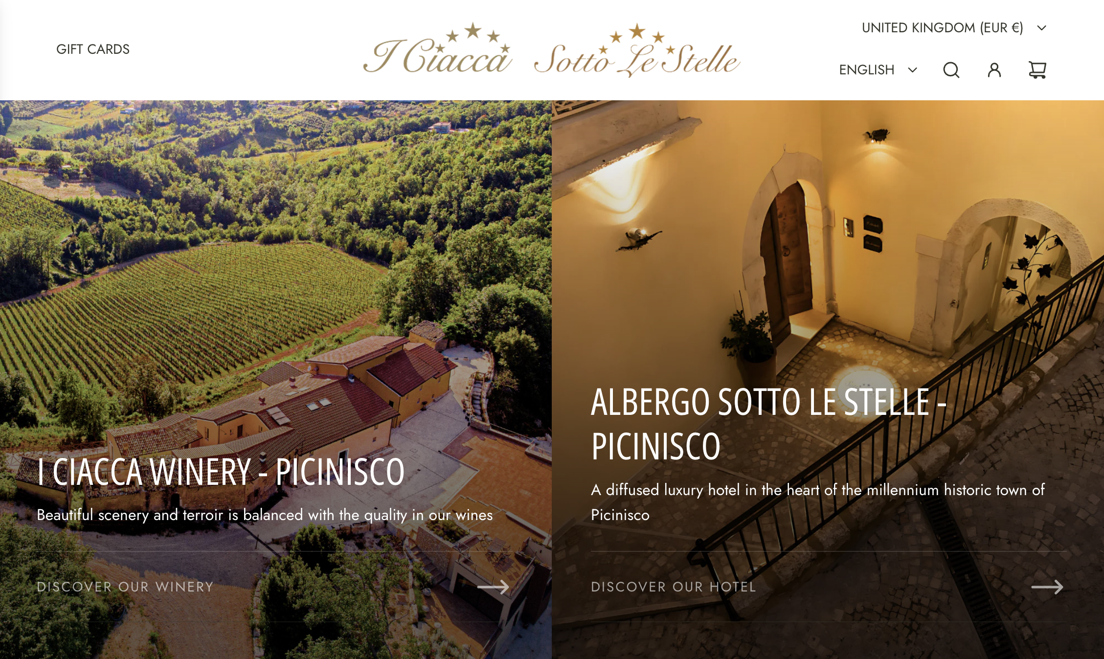 Split-screen image showing an aerial view of a vineyard and winery on the left, and an interior shot of a historic stone building staircase with warm yellow lighting on the right. The left side promotes I Ciacca Winery - Picnic, and the right side promotes Albergo Sotto Le Stelle - Picnic, both located in Picinisco, Italy.