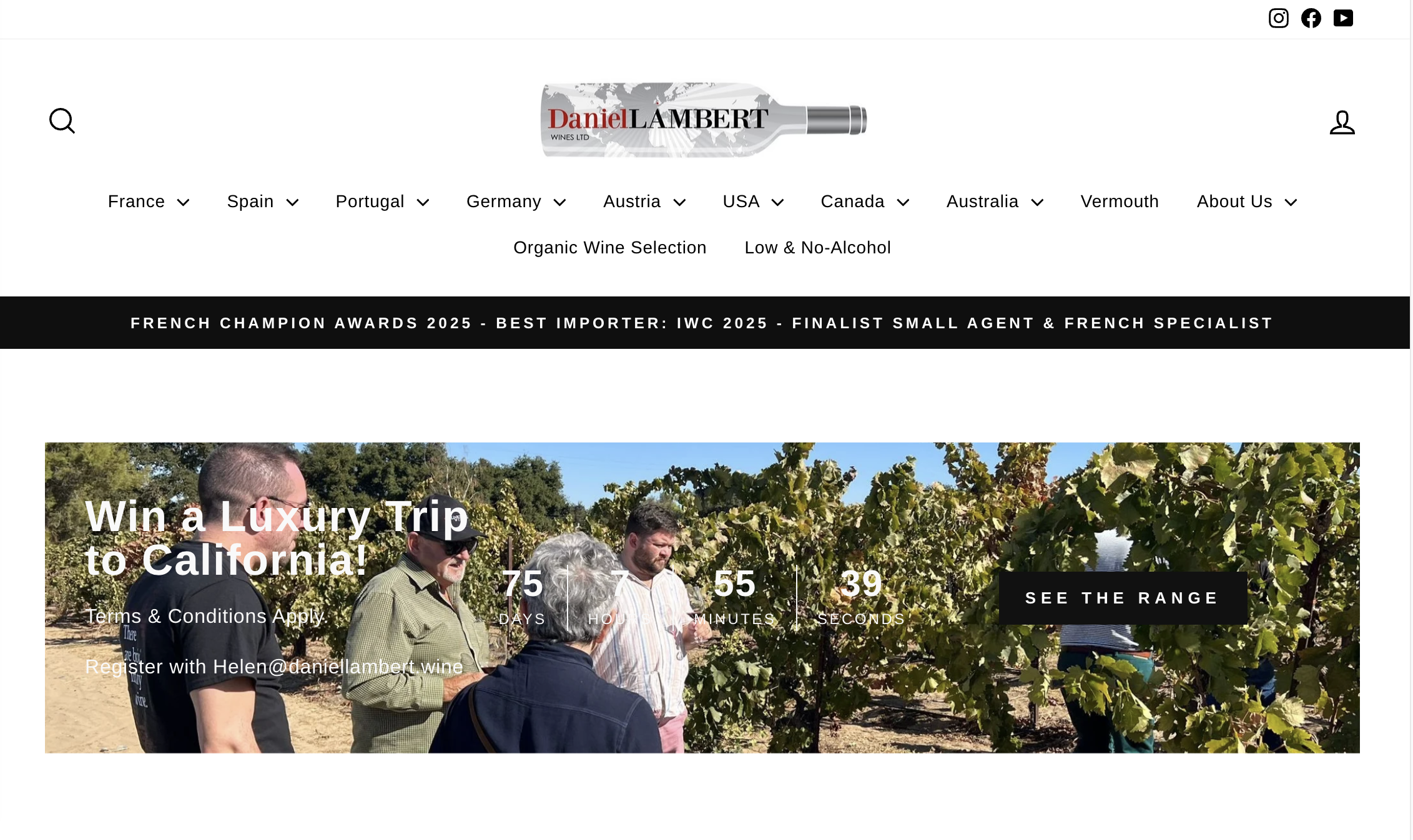 People touring a vineyard with grapevines, promoting a luxury trip to California competition.