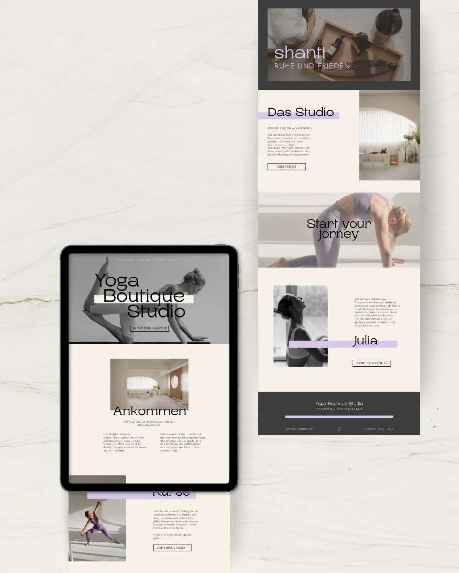 Mobiles Design für Yoga Boutique Studio in Hamburg mit Kursangeboten, Anmeldeoptionen und Yoga-Bildern in Schwarz-Weiß und Farbe.