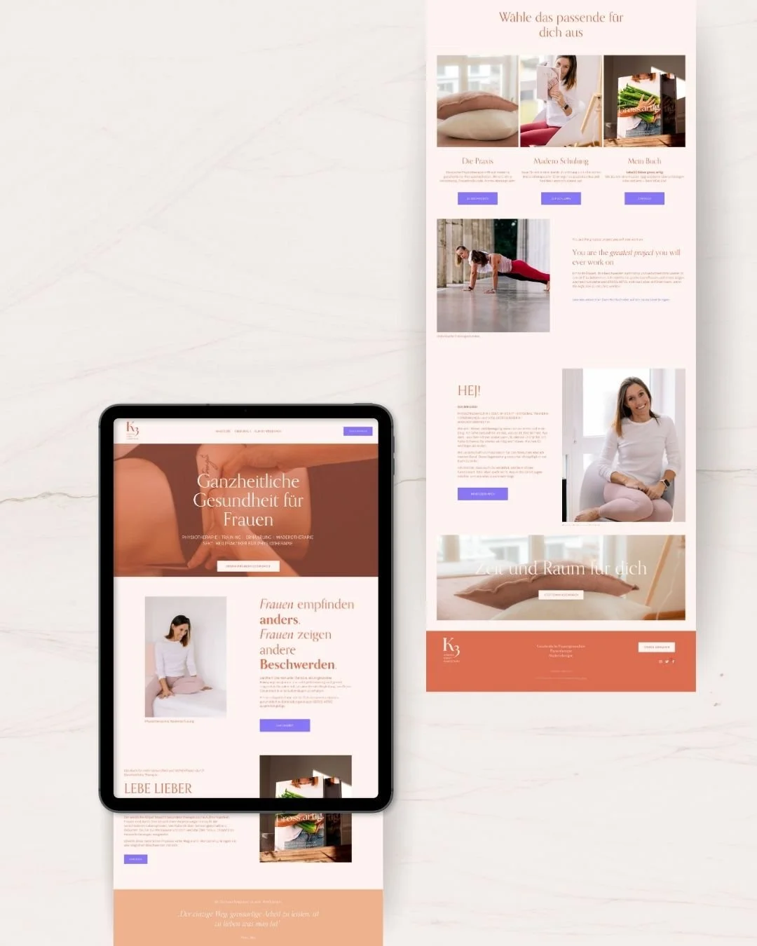 Darstellung einer digitalen und gedruckten Website für Frauen-Gesundheits- und Wellness-Dienstleistungen, mit Bildern von Frauen bei Yoga, Entspannung und Meditation, sowie Textabschnitten über Ganzheitliche Gesundheit für Frauen.