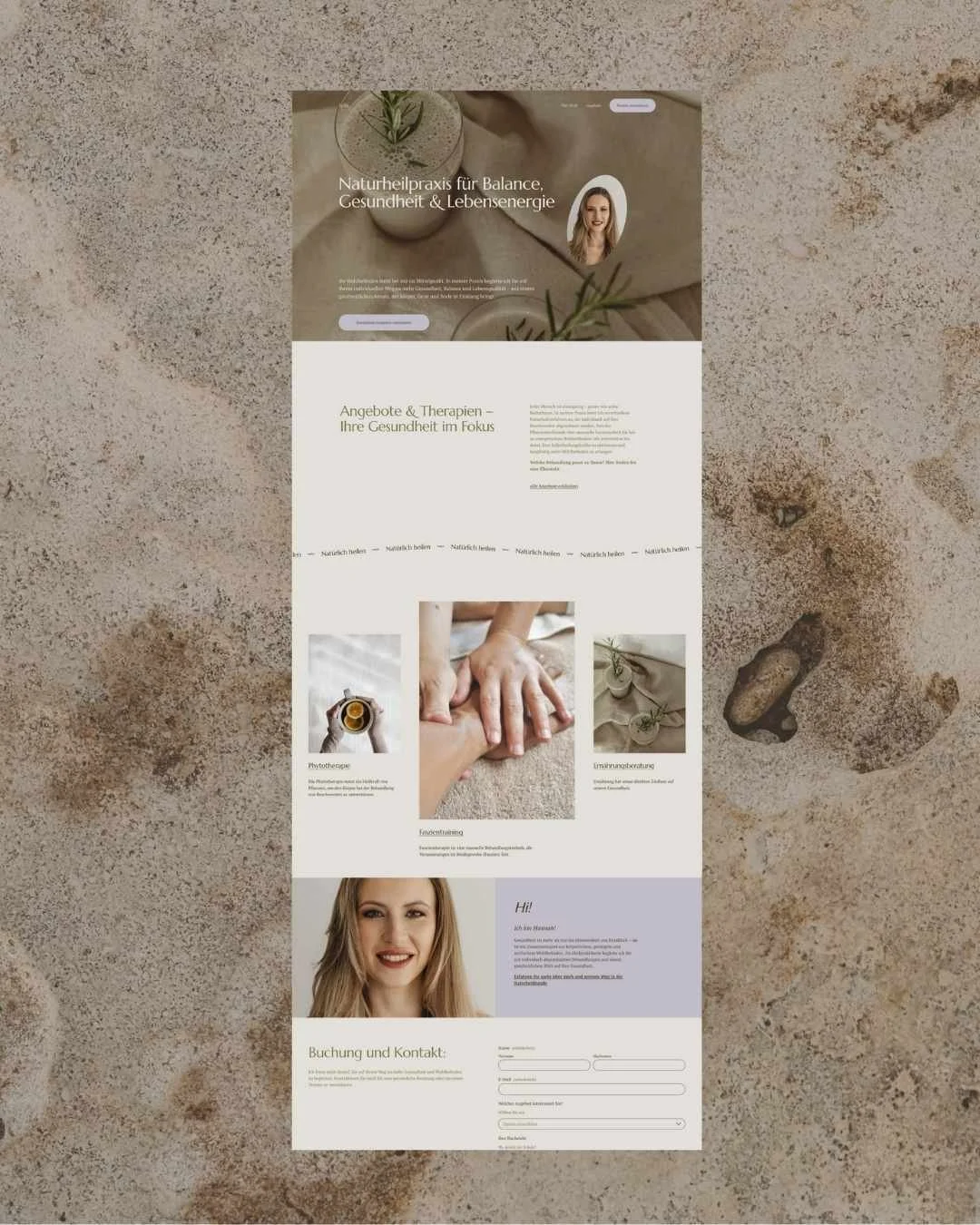 Webseite eines Naturheilpraktikers mit Informationen zu Balance, Gesundheit und Lebensenergie, Bilder von Handmassagen, Phytotherapie und Beratung, mit einem Foto einer lächelnden Frau.