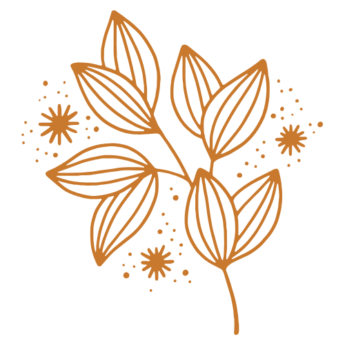 Illustration eines Blattes und kleiner Blumen in brauner Linie auf schwarzem Hintergrund.