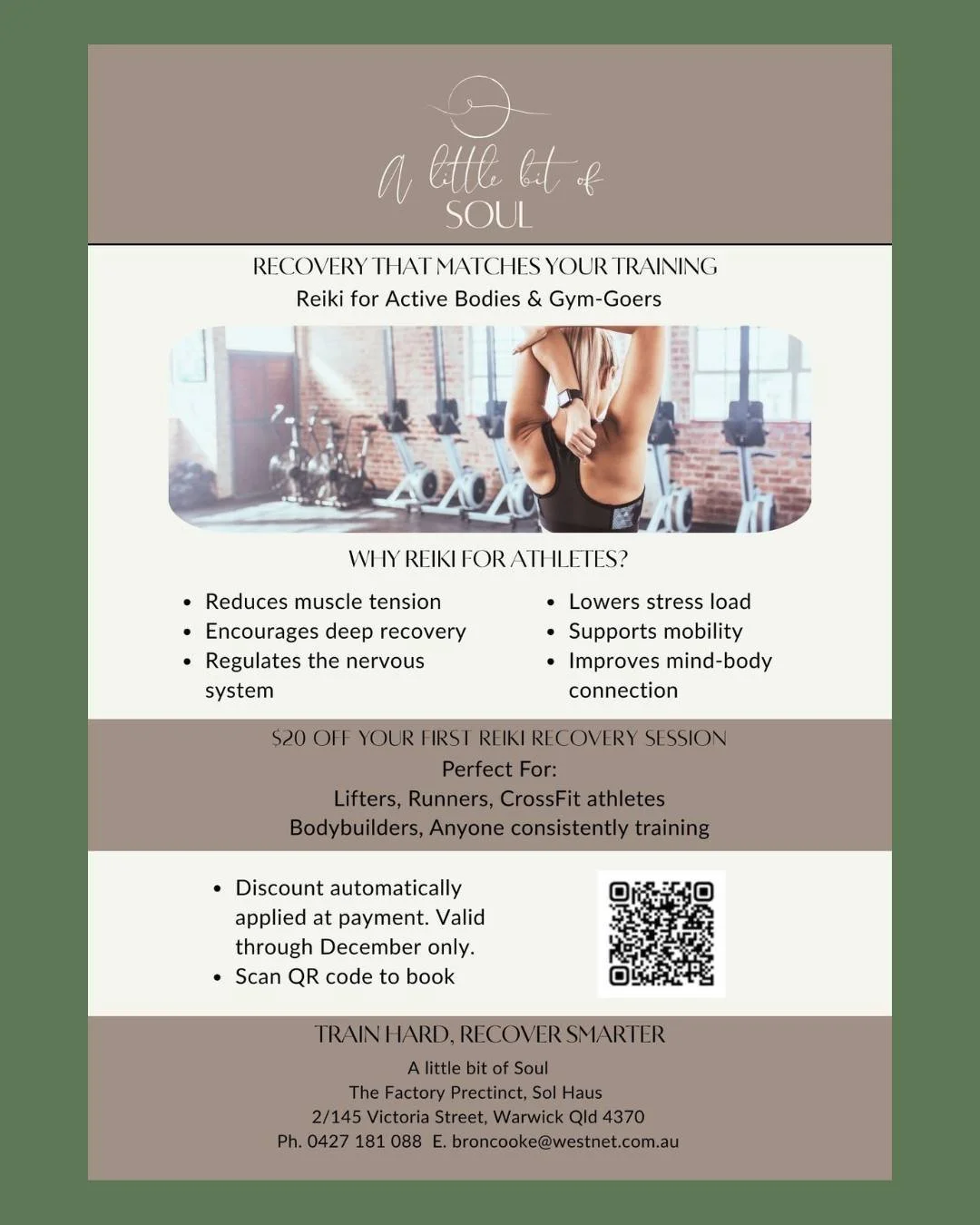 We&rsquo;re excited to welcome Bron from A Little Bit of Soul to the SolHaus team.

One of Bron's unique offerings is specialised Reiki recovery sessions for active bodies and gym-goers.

If you&rsquo;re training hard, you need recovery that works ju