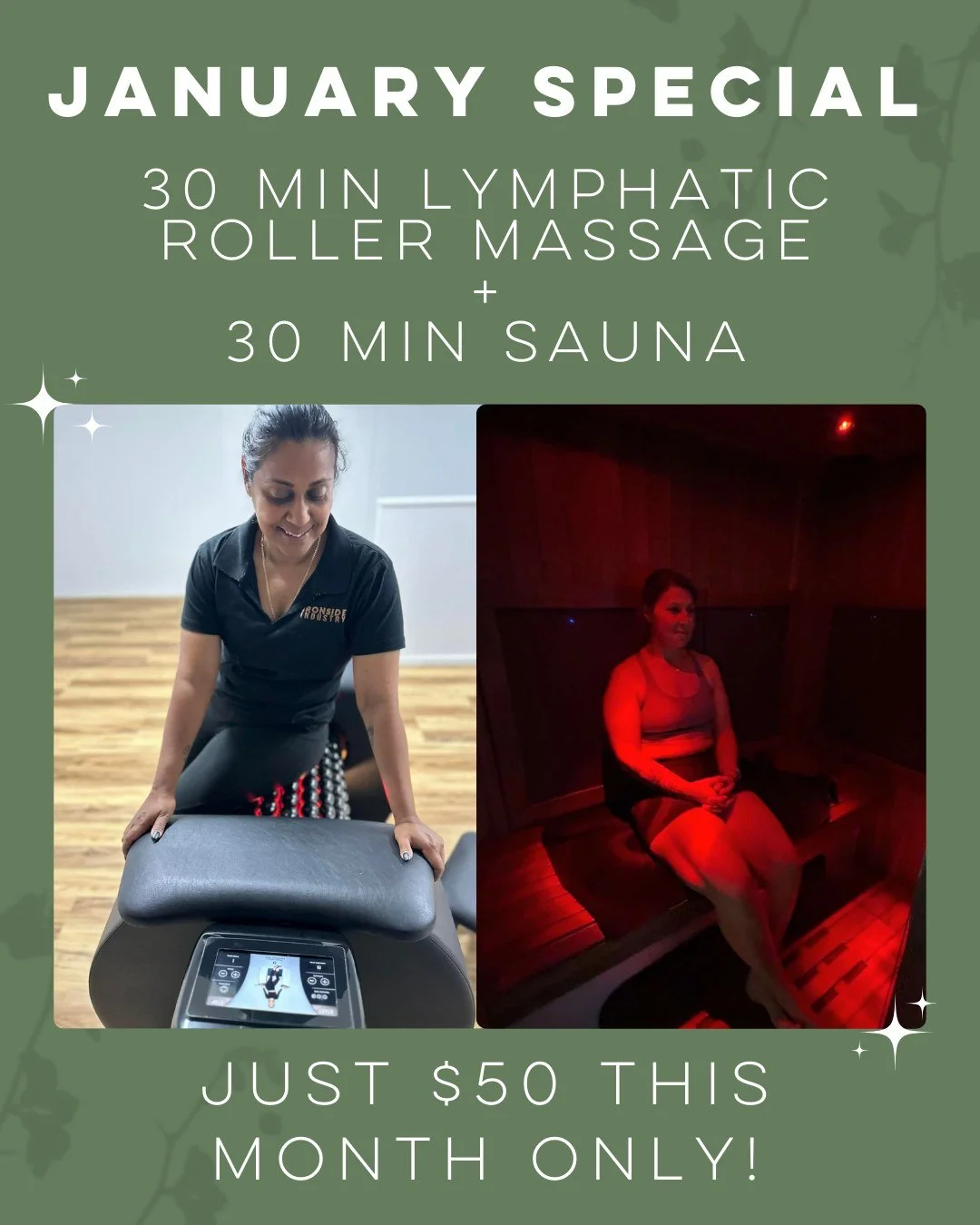 Our January Special is the perfect way to support your body and mind as we ease into a new year:
🌀 30 minutes on the Lymphatic Rollers
🔥 30 minutes in our Infrared Sauna
💛 All for just $50 for the month of January 2026.

This is your time to detox
