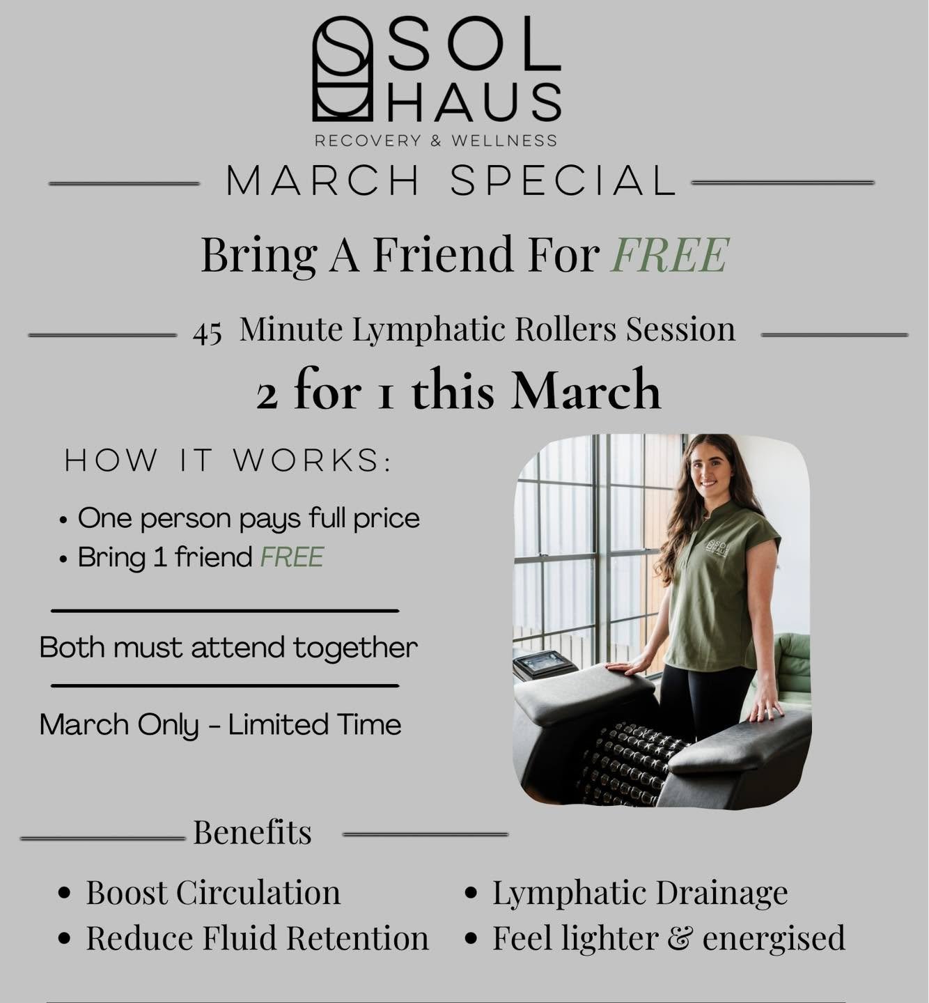If your body has been feeling a little off lately&hellip;

📍puffy
📍heavy
📍sluggish

this is a simple place to start.

For March, we&rsquo;re offering 2 for 1 lymphatic roller sessions at SolHaus.

Come in with a friend, or a loved one and enjoy a 