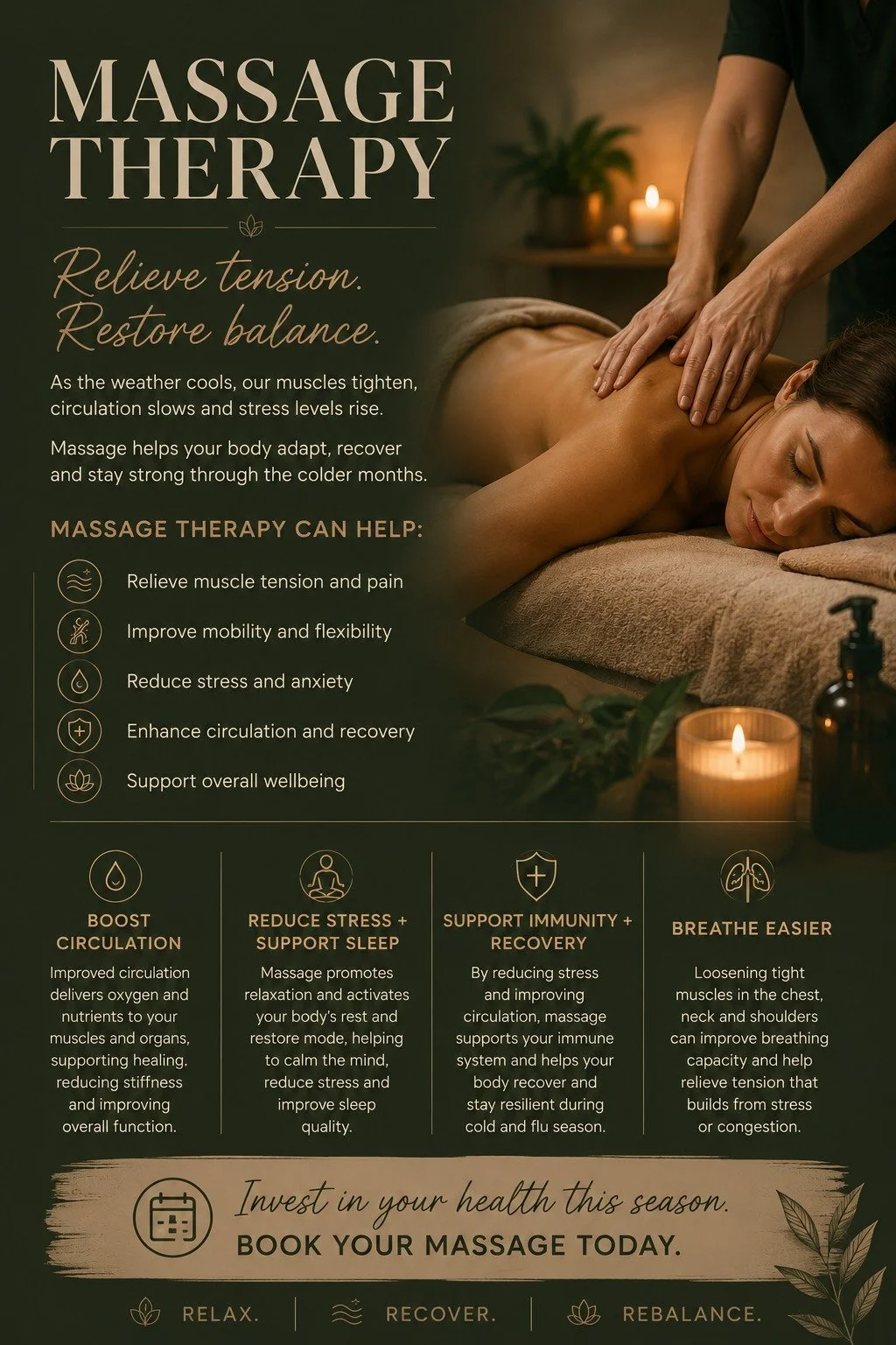 As the weather cools down, most people notice the same things starting to creep in...

Tighter muscles.
More aches and pains.
Lower energy levels.
Feeling run down.
More stress on the body.

It's no coincidence.

When temperatures drop, our muscles n