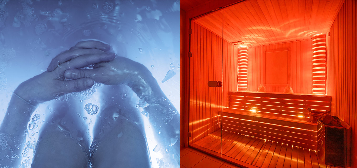 Hands clasped together in a cold plunge pool, illuminated by soft blue lighting, next to a sauna room with orange lighting and wooden interior.