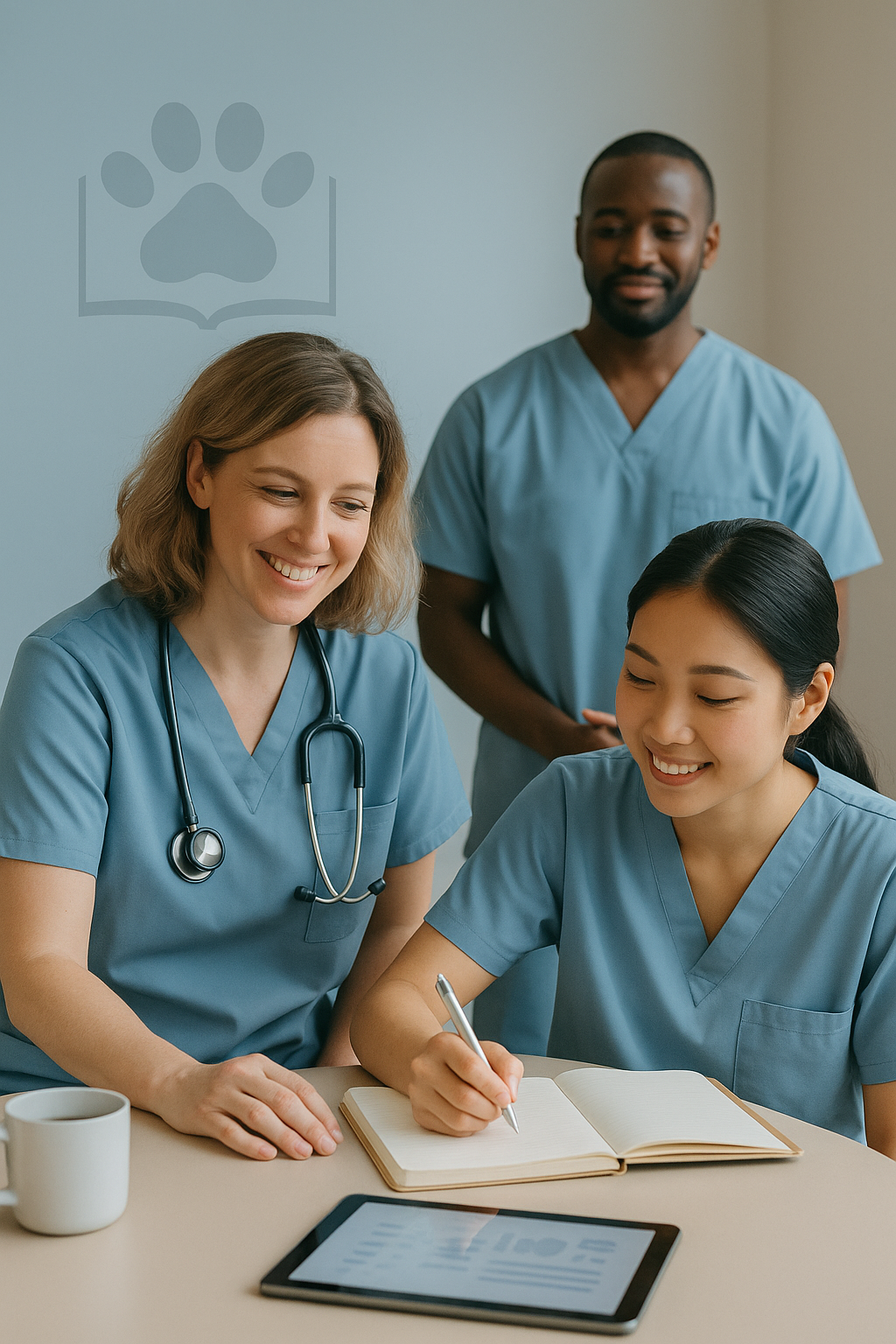 Three healthcare professionals in scrubs working together at a desk, with one woman writing in a notebook and a tablet in front of them.