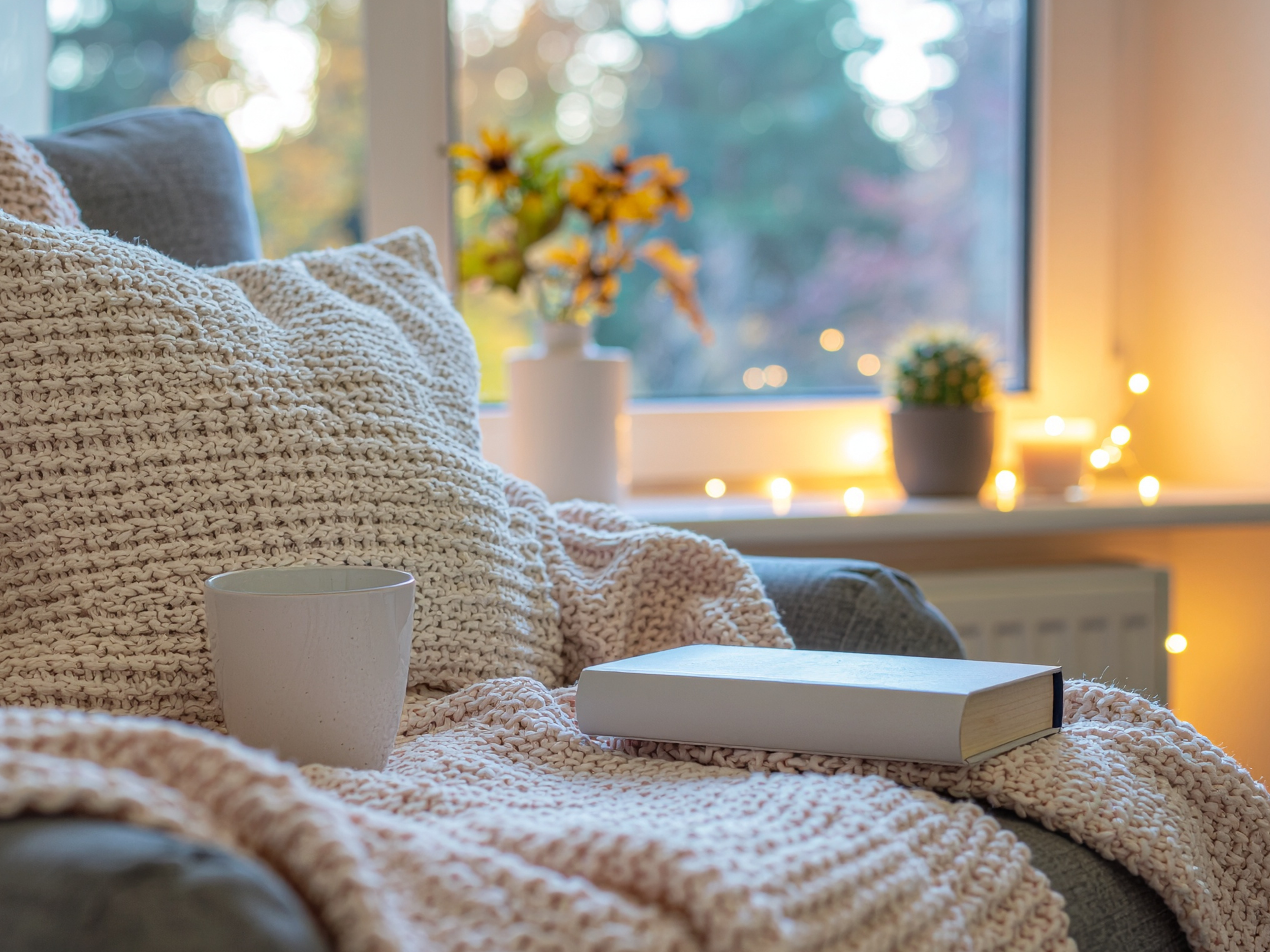Cozy living room scene with a knitted blanket, a white mug, and a closed book on a sofa, with a window decorated with string lights and potted plants in the background.