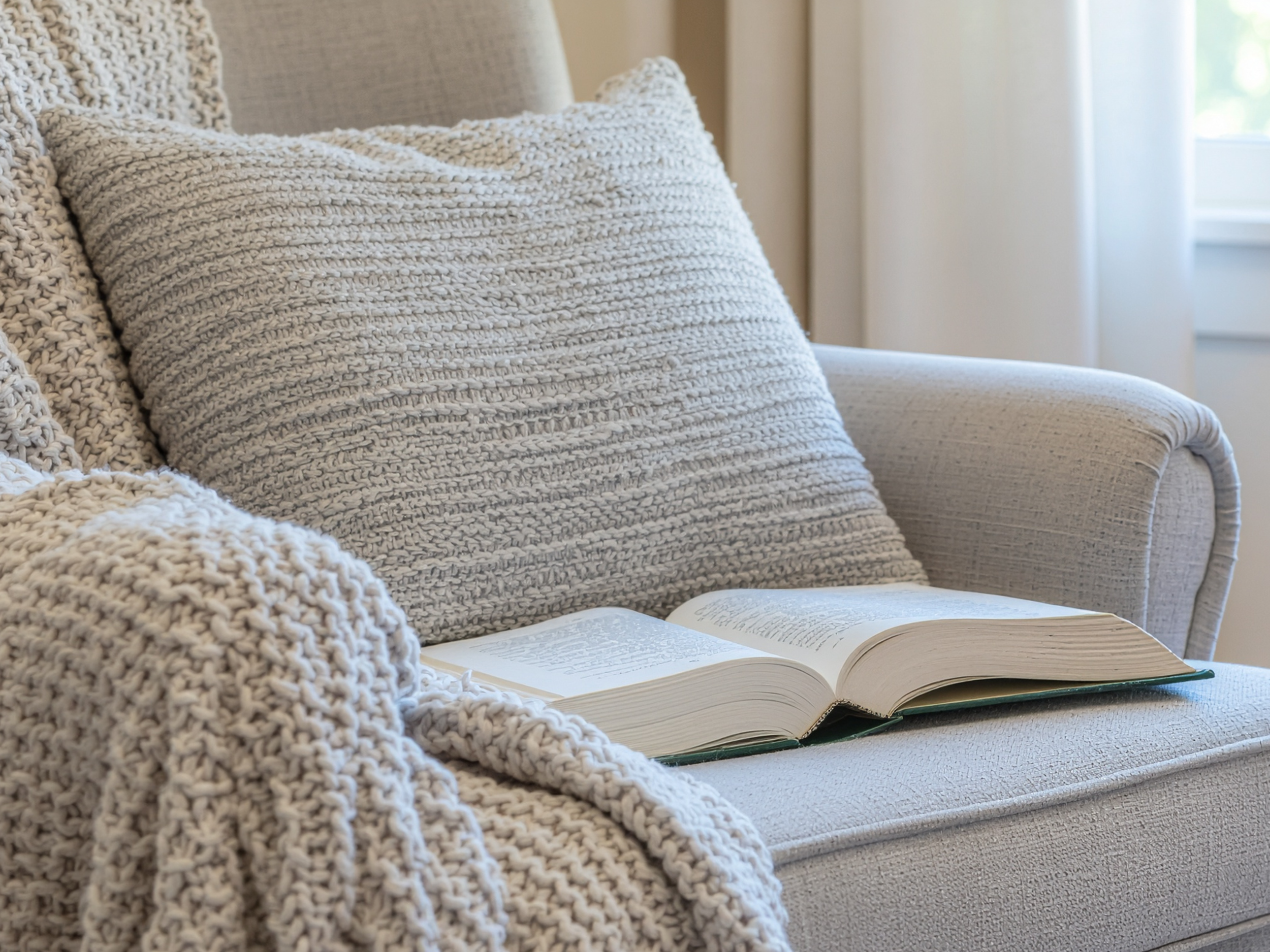 Comfortable beige sofa with large textured pillows and an open book resting on the seat near a window with light curtains.