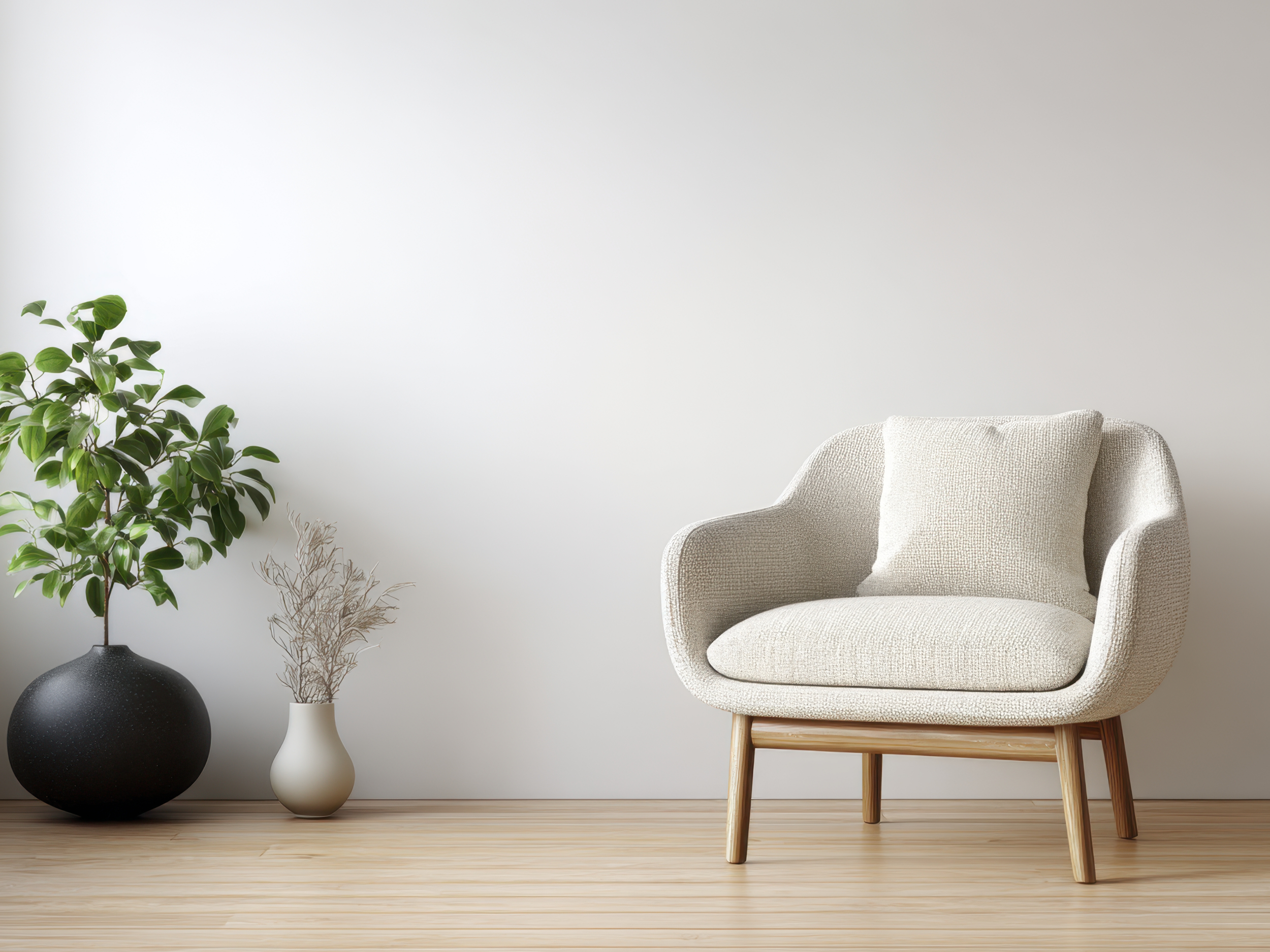 Modern living room with a beige armchair, a large black vase with a green plant, a small white vase with dried branches, and a light wooden floor.