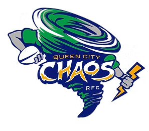 Logo for Queen City Chaos rugby team featuring a green tornado with a hand holding a lightning bolt.