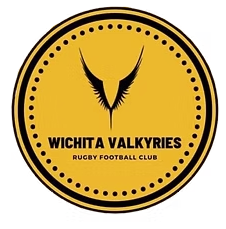 Logo of Wichita Valkyries rugby football club with a black Valkyrie winged helmet design on a gold circular background.