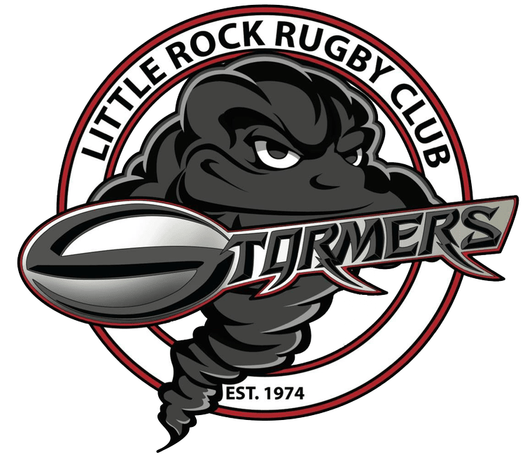 Little Rock Rugby Club logo with Tornado mascot and "Stormers" across the front, with the S in stormers in the shape of a rugby ball