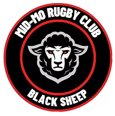 Logo of the Mid-North Rugby Club, featuring a black sheep face in the center, surrounded by the club name in white and red text.