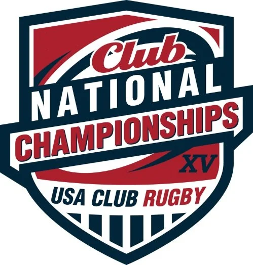 Shield logo in red, white, and deep navy, with "Club National Championships", "USA Club Rugby", and the roman numerals XV on it.