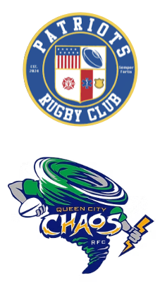 Two Logos: one for Springfield Chaos and another for KC Patriots. The logo for Queen City Chaos rugby team featuring a green tornado with a hand holding a lightning bolt. The Patriots Rugby Club logo with shields, American flag, and rugby ball.