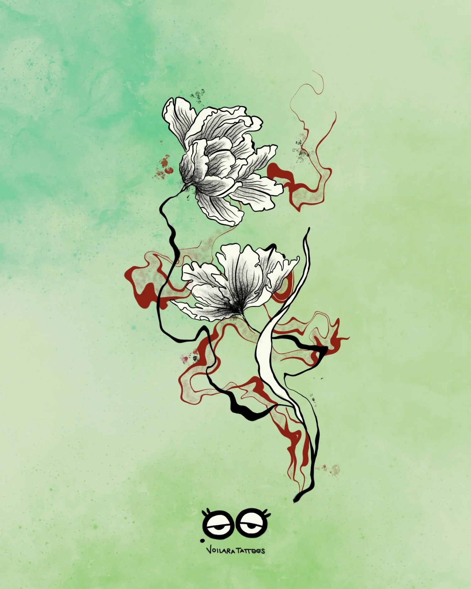 Schwarzes Tattoo Design mit Blumen und rotem Rauch im Trash-Polka Stil 