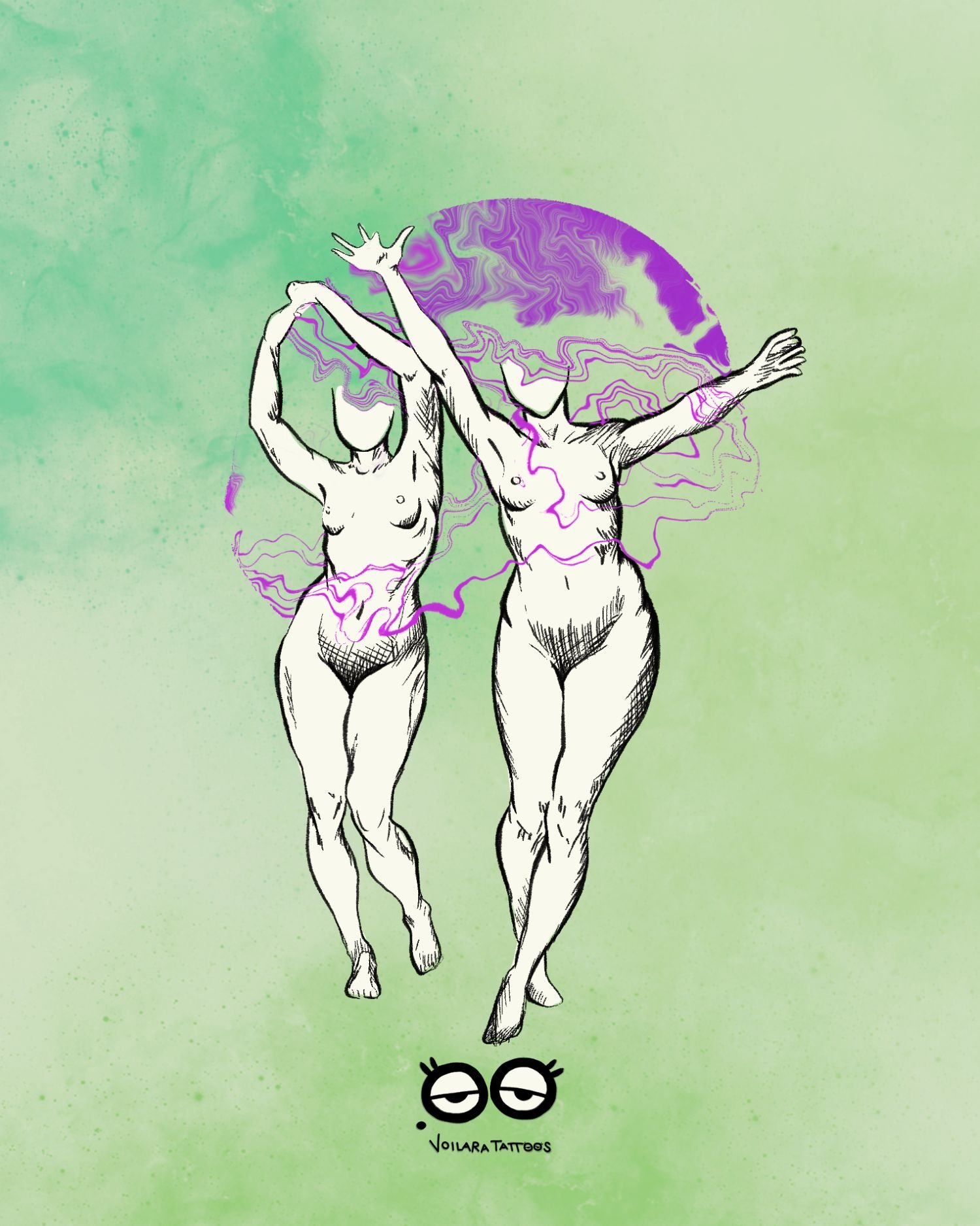 Flash Design mit zwei Frauenfiguren ohne Köpfe, lila Rauch über den Schultern