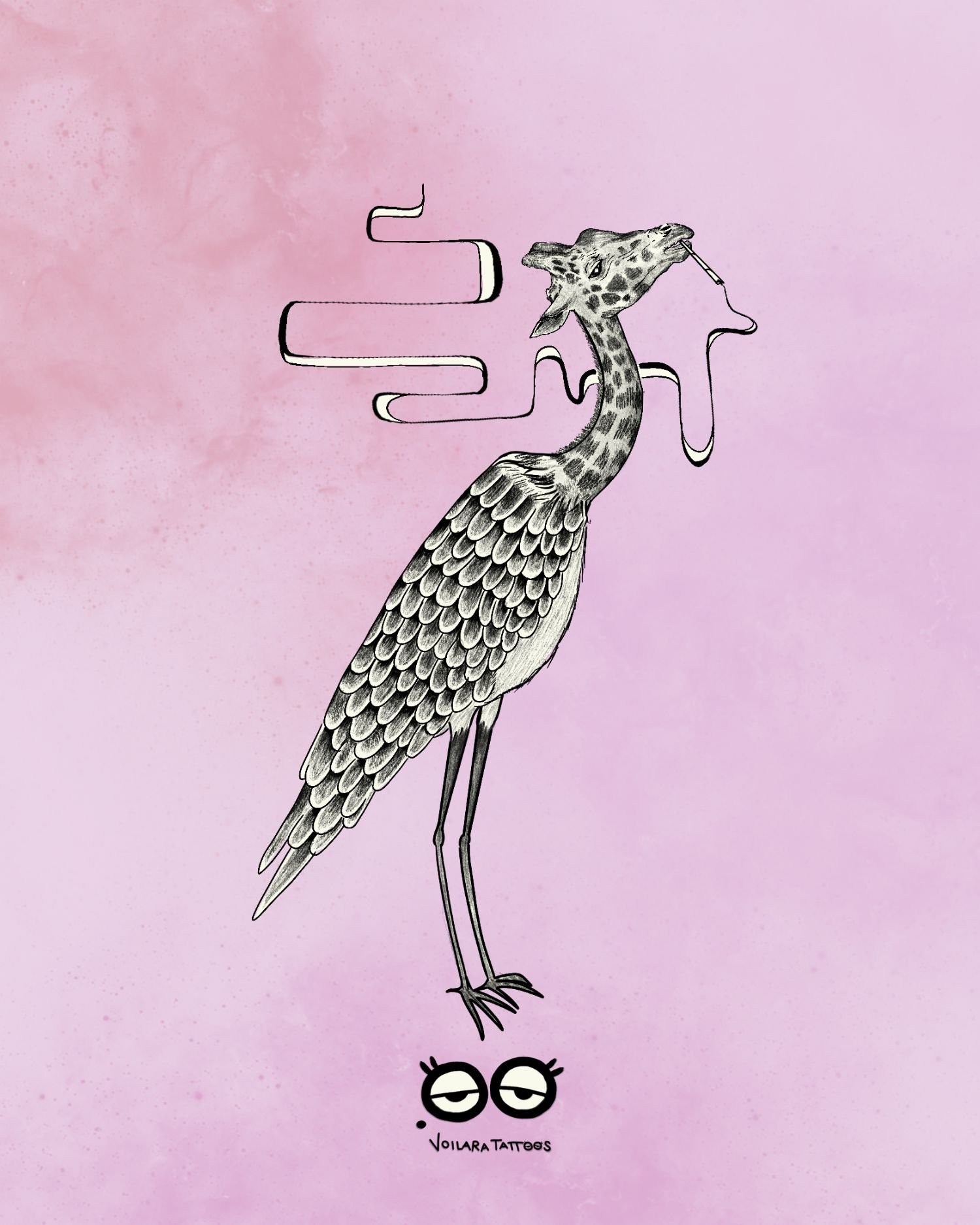 Surrealistischer Reiher mit Giraffenkopf der raucht als Tattoo-Design
