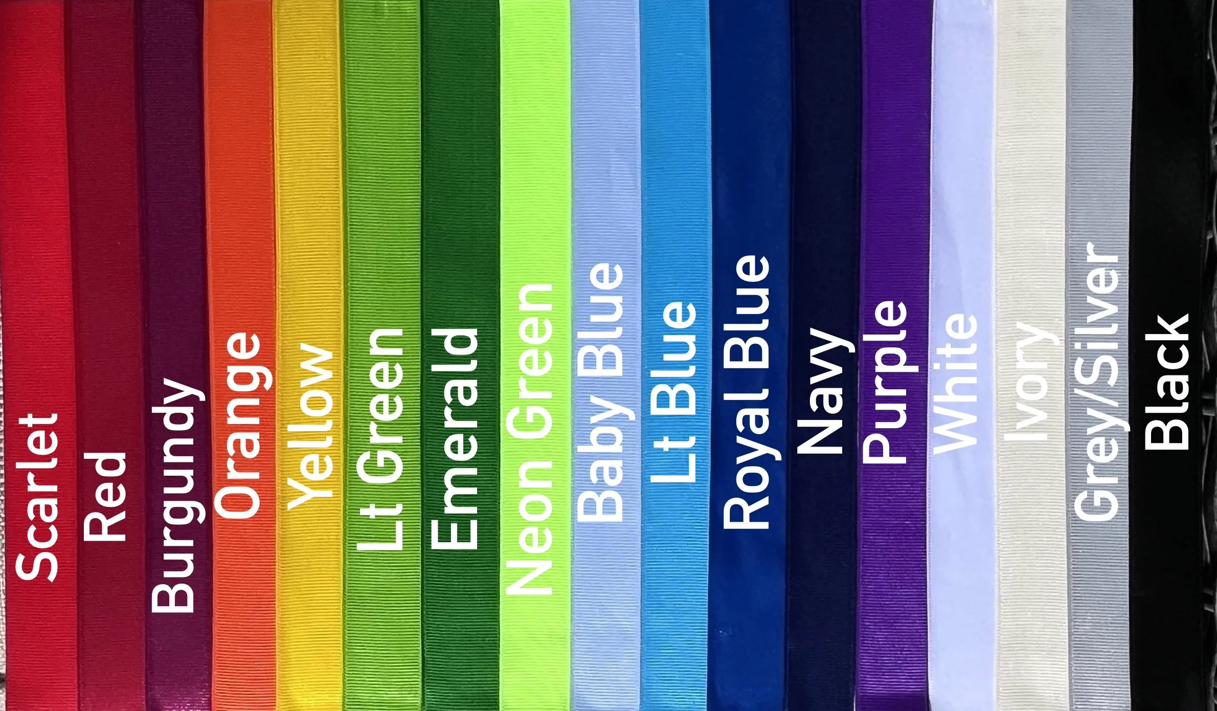 Color test bars labeled from left to right: Scarlet Red, Burgundy, Orange Yellow, Lt Green, Emerald Green, Neon Green, Lt Baby Blue, Blue, Royal Blue, Navy, Purple, White, Ivory, Grey/Silver, Black.