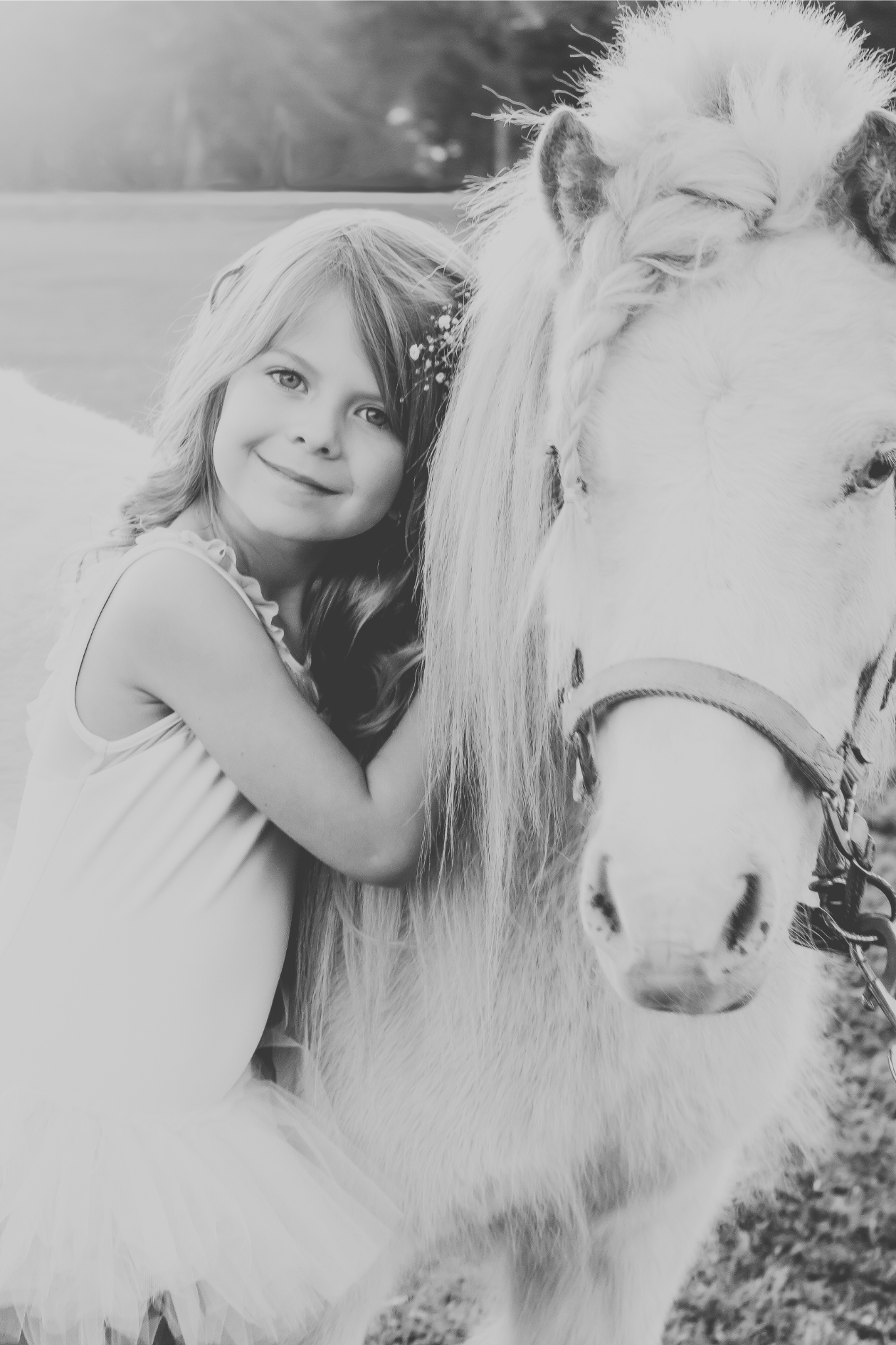 A young girl with long hair smiling and hugging a large white horse with a braided mane.