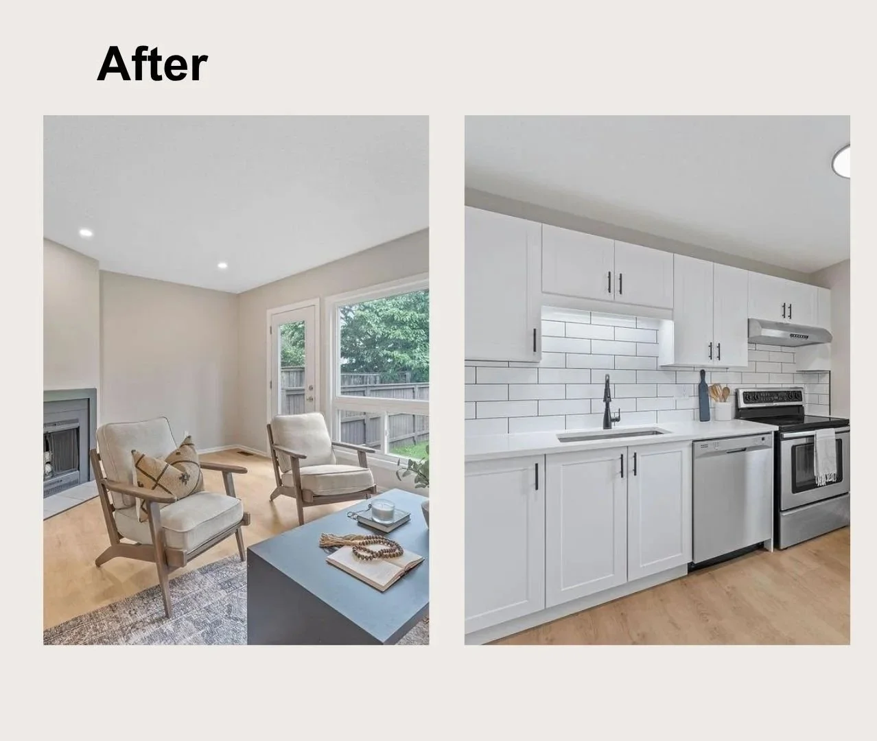 A collage showing the before and after images of a room renovation, including a living area, kitchen, and empty room with new flooring and ceiling lights.