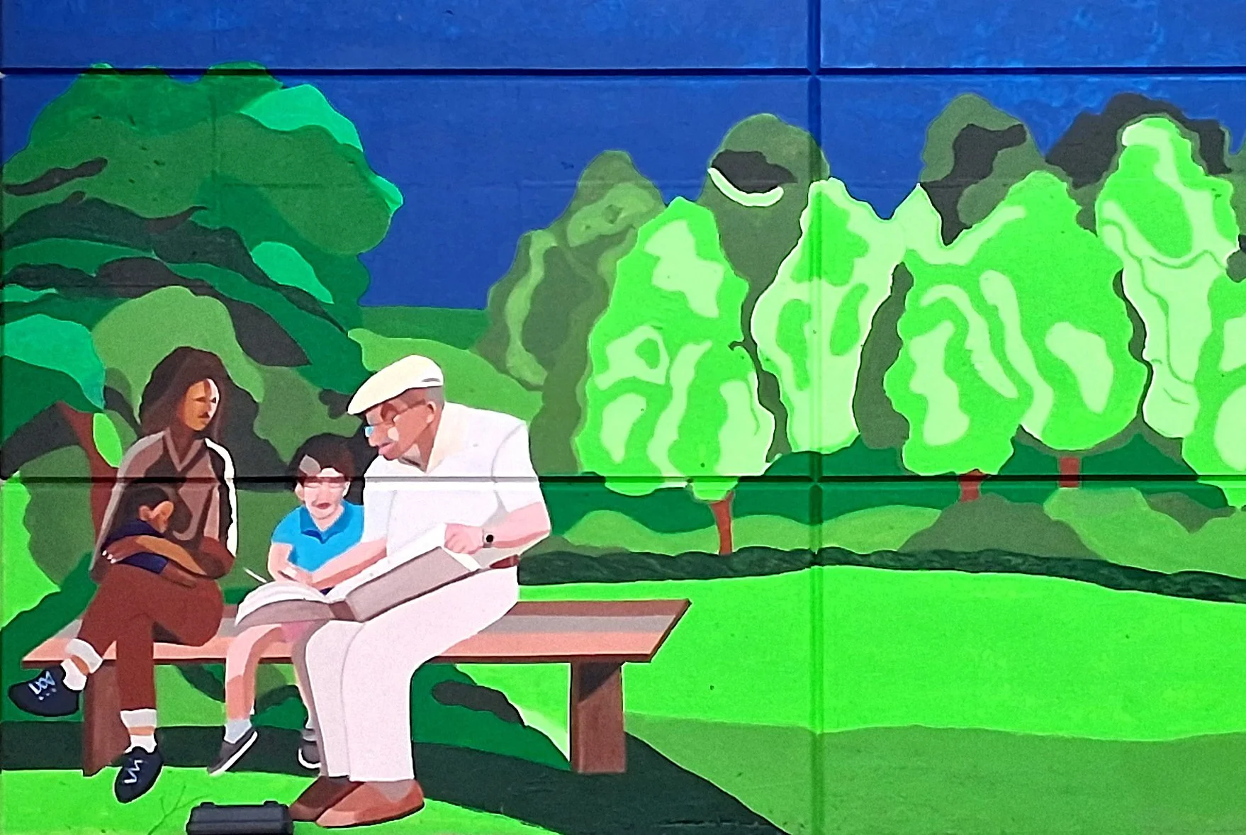 Illustration of three people, an adult man and two children, sitting on a wooden bench in front of a backdrop of trees and greenery.