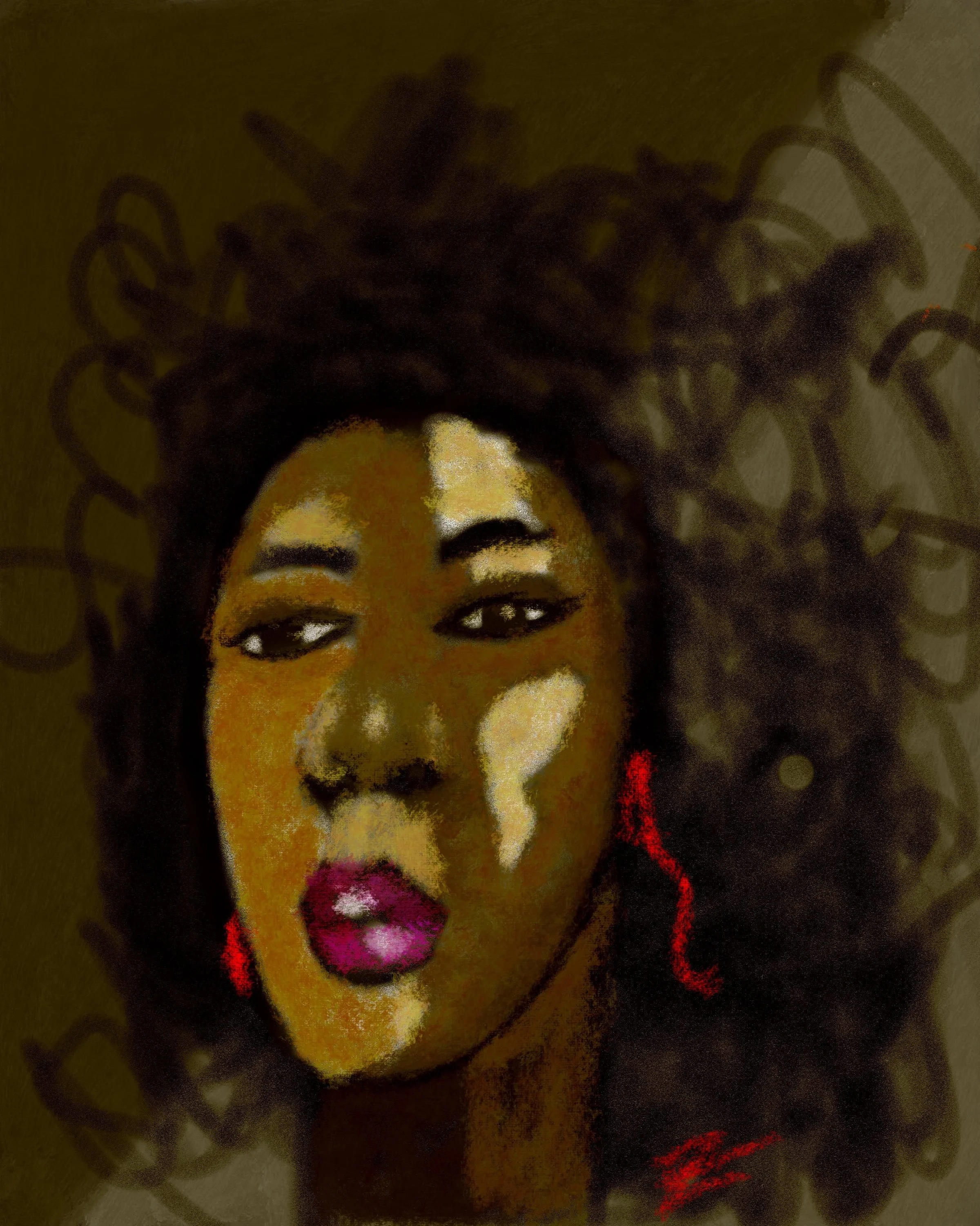 A portrait of a woman with dark curly hair, wearing vibrant pink lipstick and red earrings, with a confident expression.