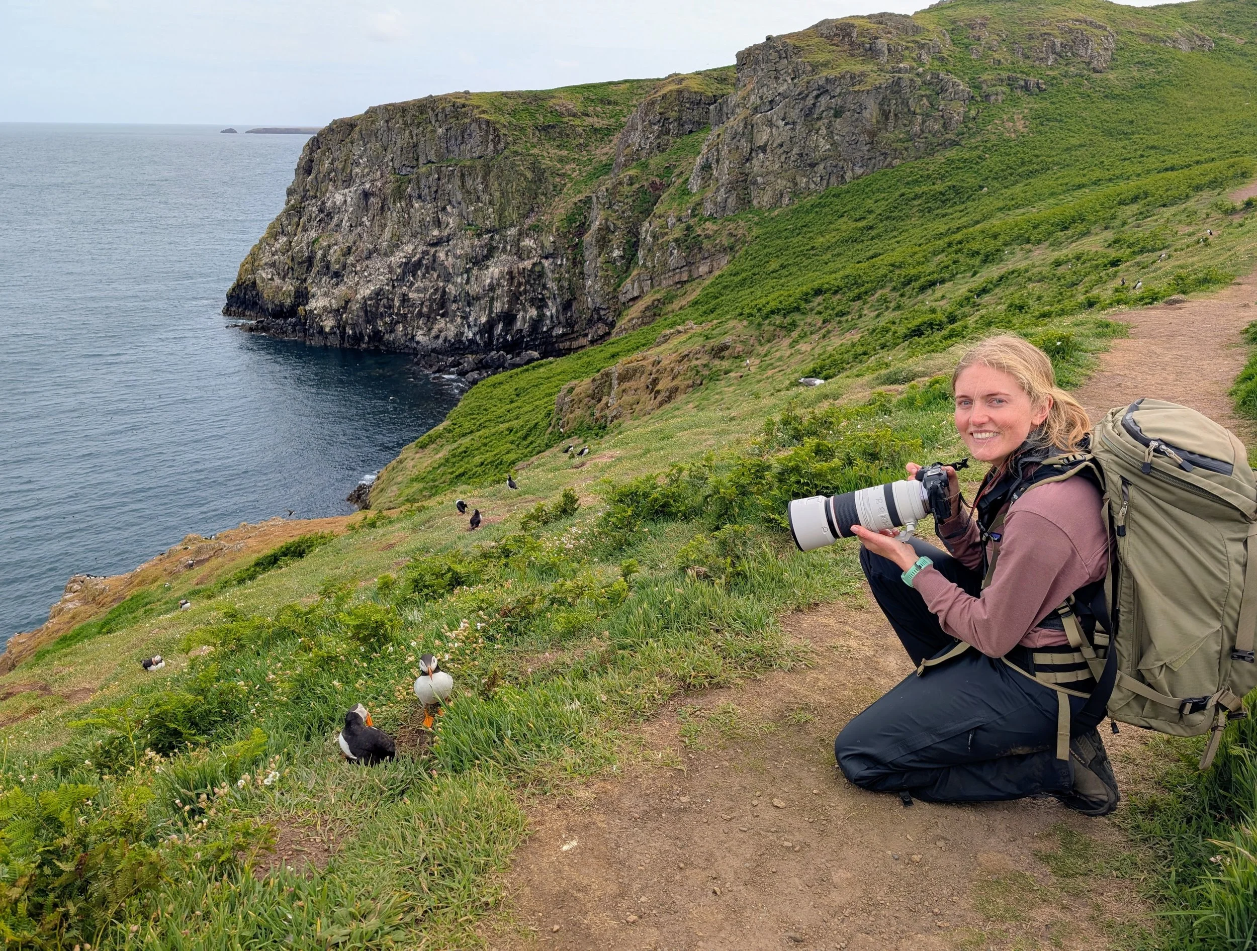 A woman with blonde hair, wearing a brown jacket and black pants, kneeling on a dirt trail on a grassy hillside, holding a large telephoto camera lens, with a green backpack on her back. She is smiling and surrounded by puffins and other seabirds, wi
