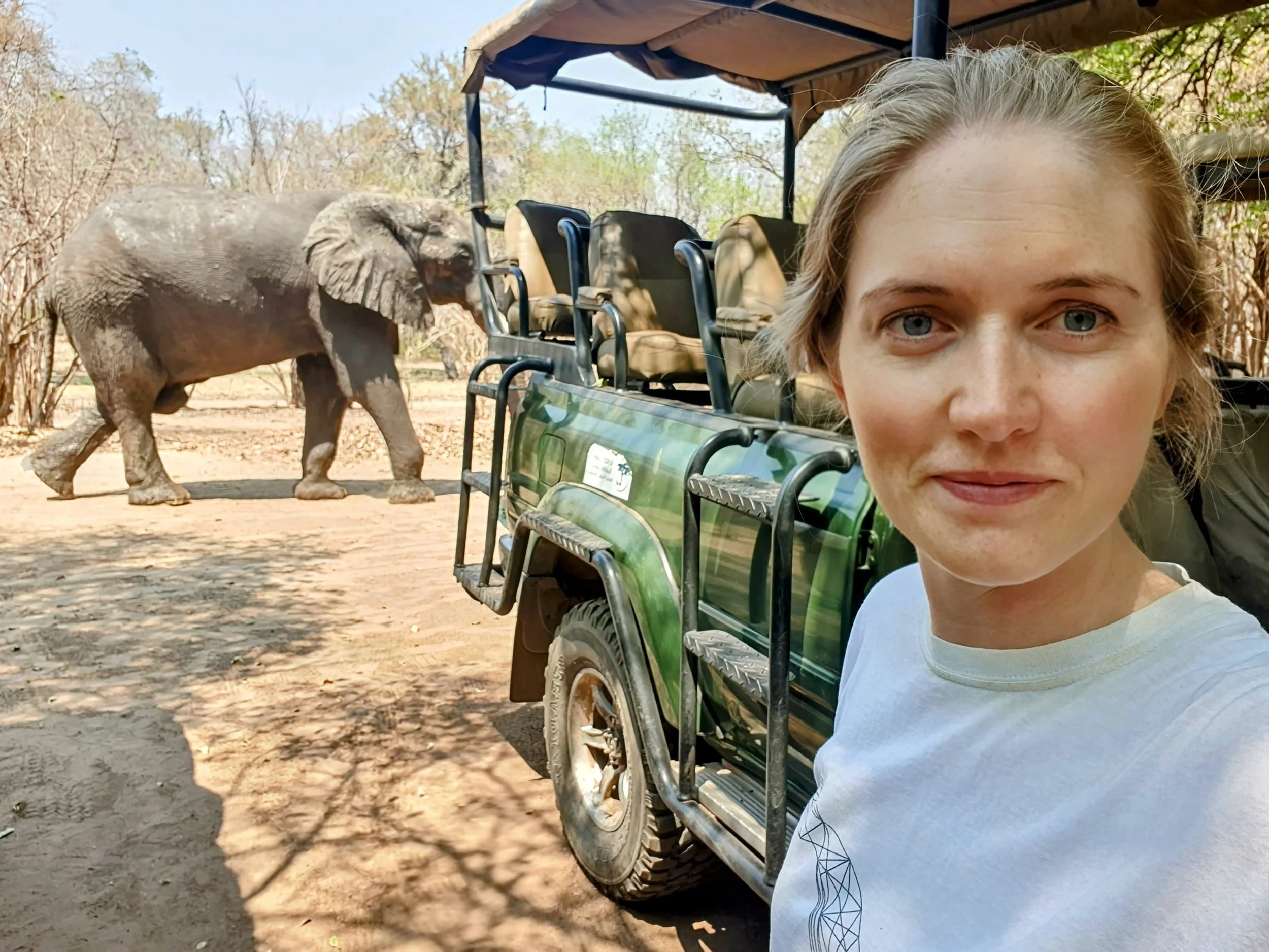 Briony Jones in Zimbabwe with elephants