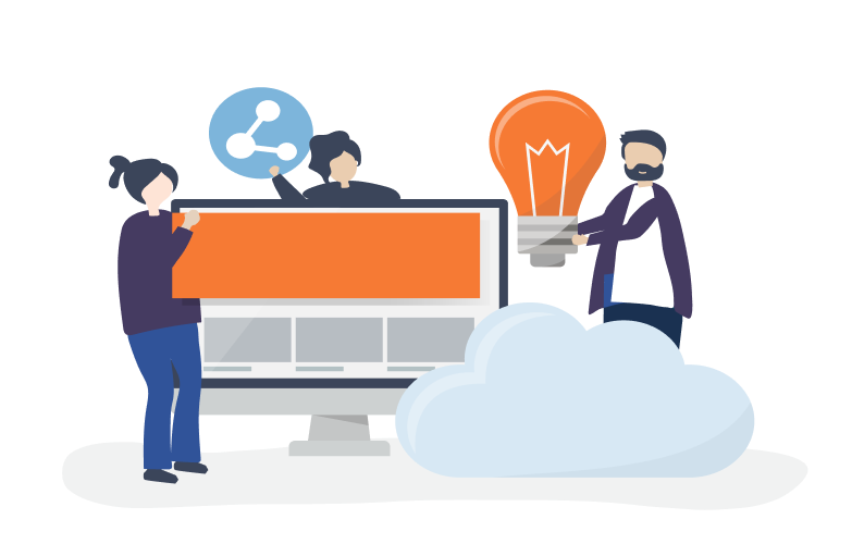 Illustration of three people interacting with cloud technology, digital devices, and a lightbulb representing ideas.