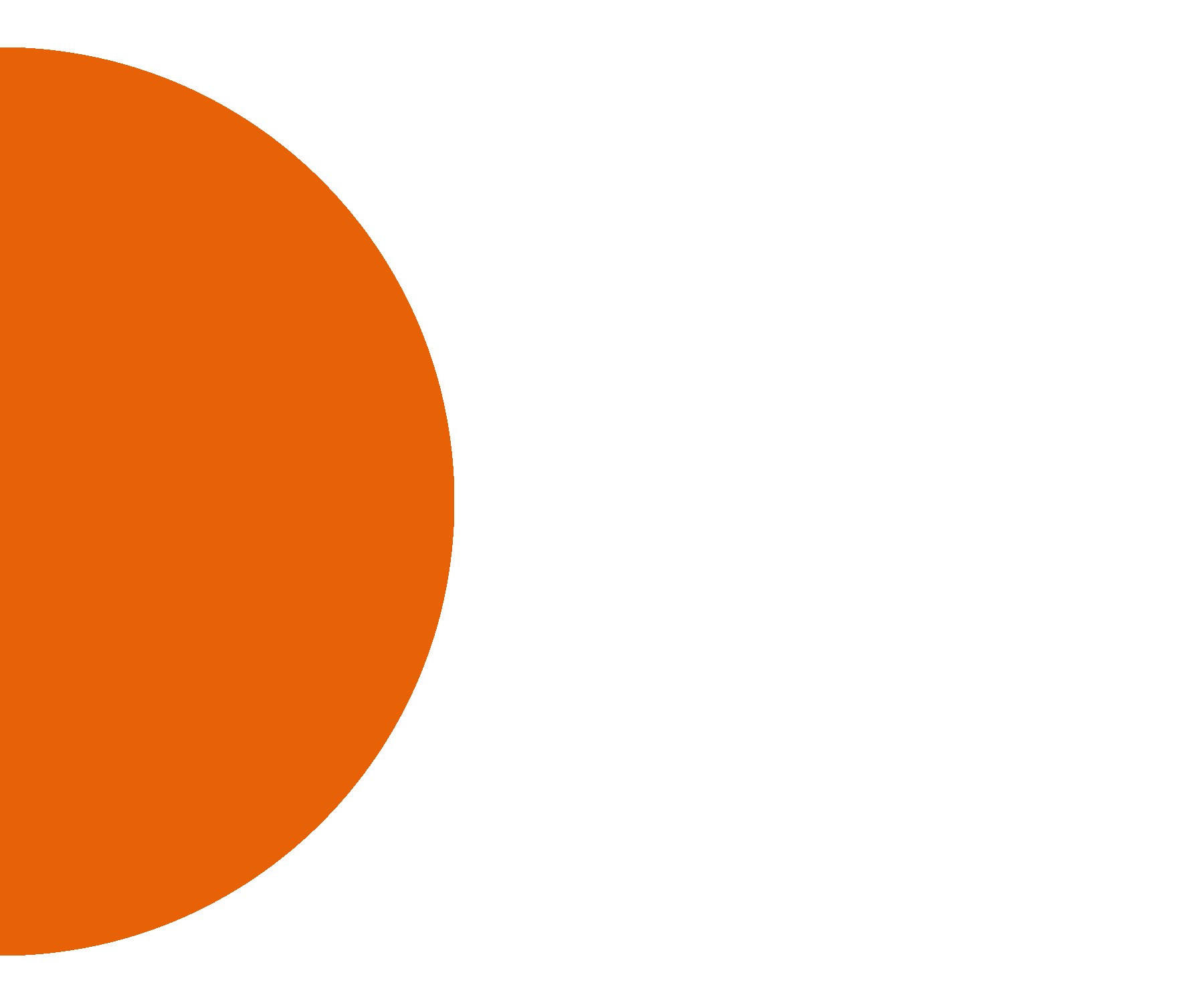 A black background with a large orange semicircle on the left side and black text on the right side.